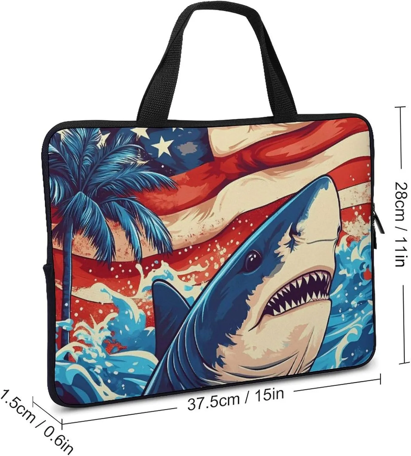 U.S.A Flag Shark Palm Trees Laptop Sleeve Bag Computer Carrying Case Laptops Protective Cover for Travel Business