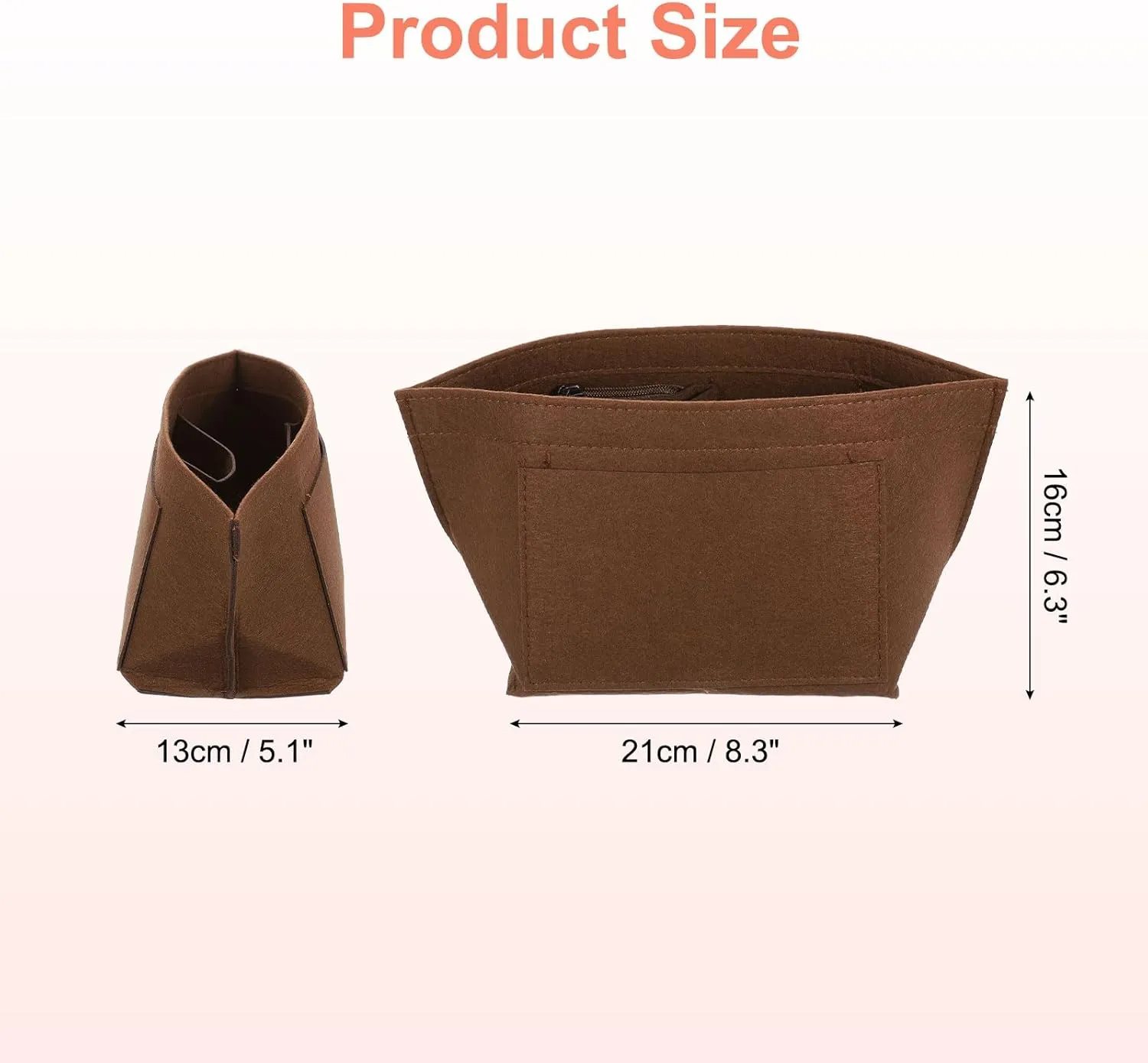 uxcell Purse Organizer Insert, Portable Felt Organizer Bags with Metal Zipper Multiple Compartments Purse Liner for Domed Satchel, Tote Bag, Handbag Shaper (8.3" x 5.1" x 6.3", Brown)