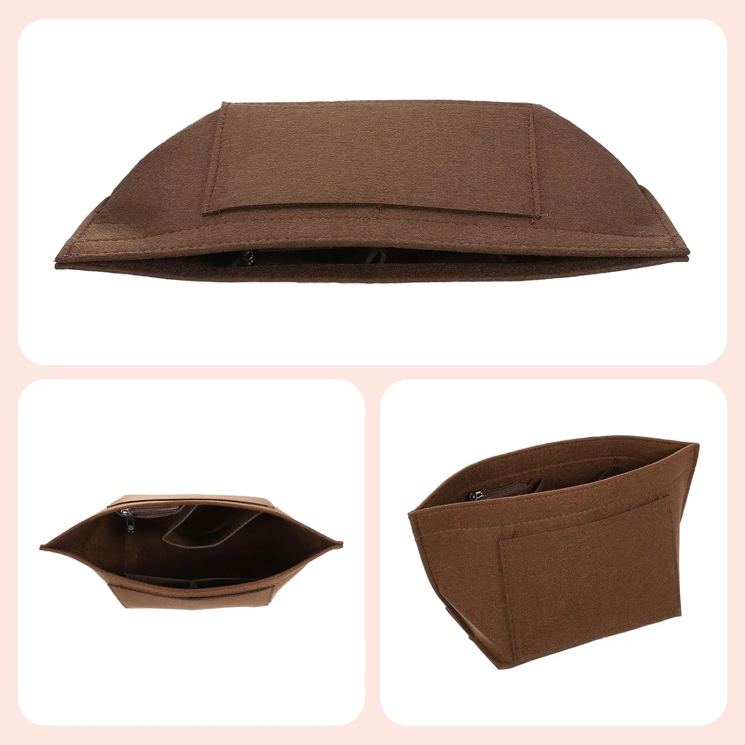 uxcell Purse Organizer Insert, Portable Felt Organizer Bags with Metal Zipper Multiple Compartments Purse Liner for Domed Satchel, Tote Bag, Handbag Shaper (8.3" x 5.1" x 6.3", Brown)