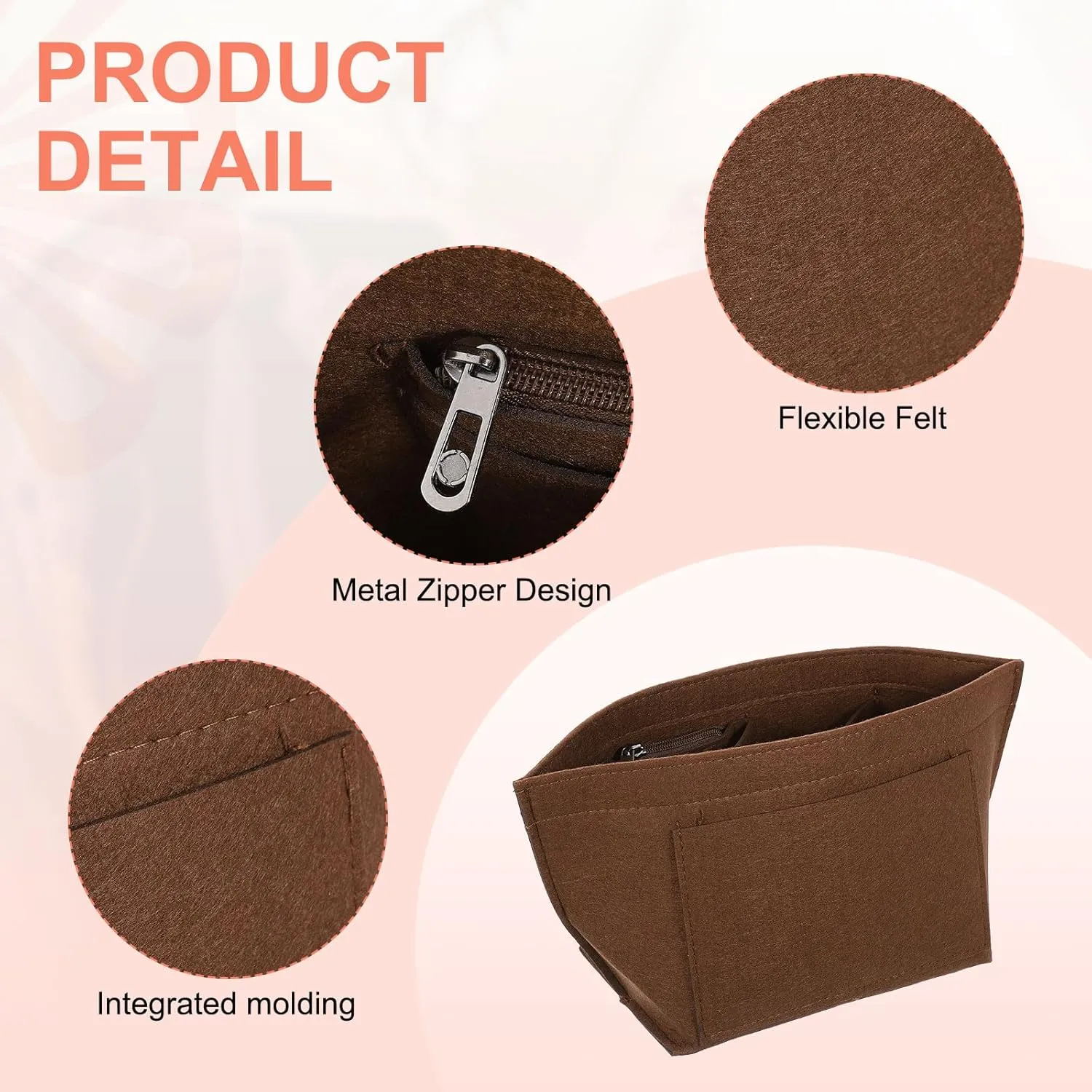 uxcell Purse Organizer Insert, Portable Felt Organizer Bags with Metal Zipper Multiple Compartments Purse Liner for Domed Satchel, Tote Bag, Handbag Shaper (8.3" x 5.1" x 6.3", Brown)