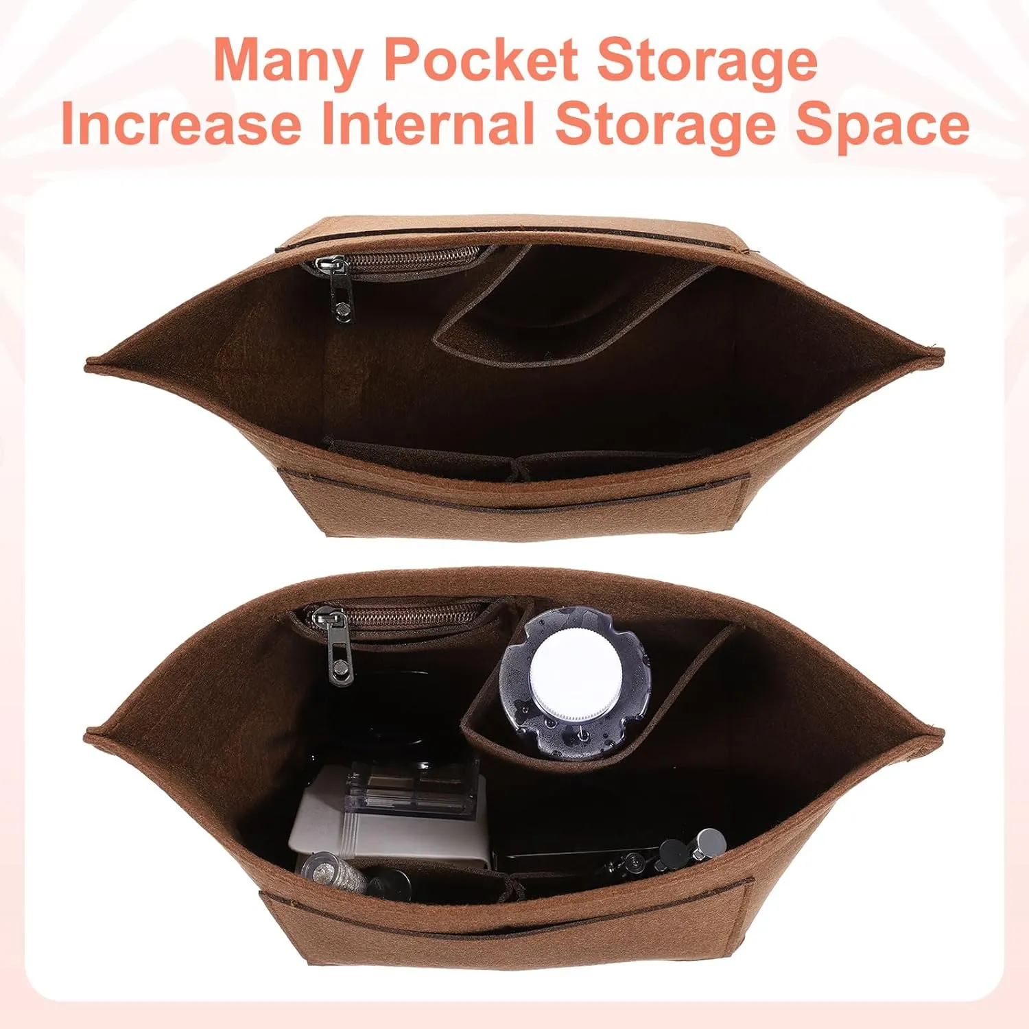 uxcell Purse Organizer Insert, Portable Felt Organizer Bags with Metal Zipper Multiple Compartments Purse Liner for Domed Satchel, Tote Bag, Handbag Shaper (8.3" x 5.1" x 6.3", Brown)