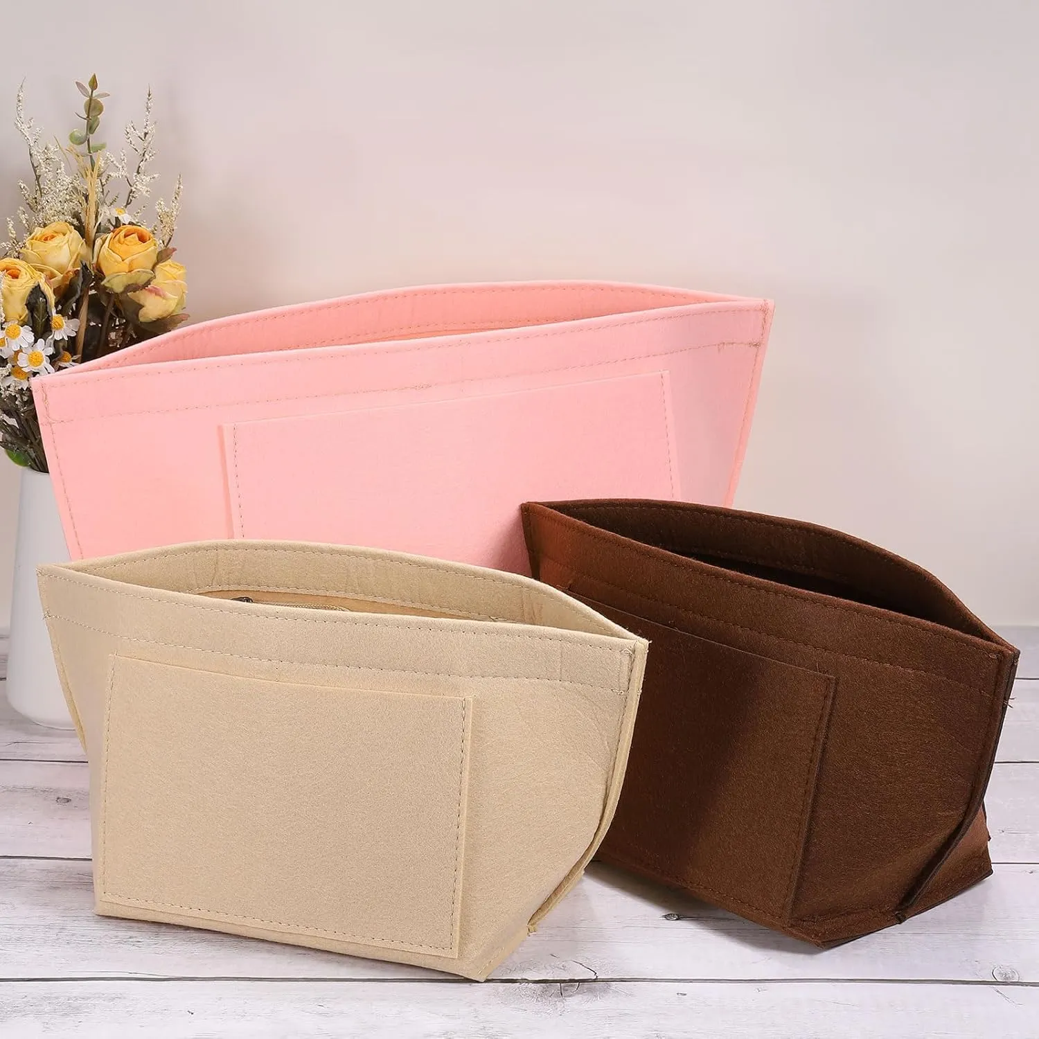 uxcell Purse Organizer Insert, Portable Felt Organizer Bags with Metal Zipper Multiple Compartments Purse Liner for Domed Satchel, Tote Bag, Handbag Shaper (8.3" x 5.1" x 6.3", Brown)