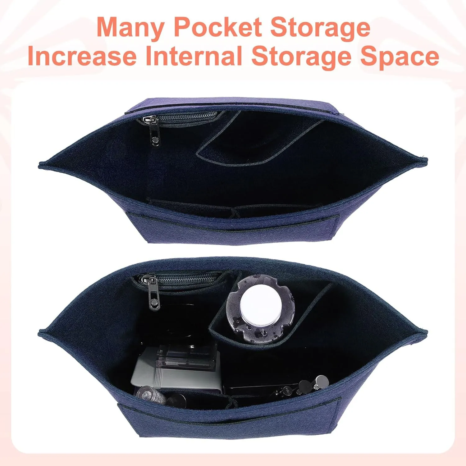 uxcell Purse Organizer Insert, Portable Felt Organizer Bags with Metal Zipper Multiple Compartments Purse Liner for Domed Satchel, Tote Bag, Handbag Shaper (8.3" x 5.1" x 6.3", Navy)
