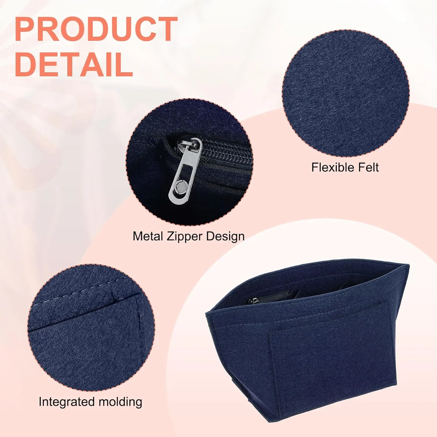 uxcell Purse Organizer Insert, Portable Felt Organizer Bags with Metal Zipper Multiple Compartments Purse Liner for Domed Satchel, Tote Bag, Handbag Shaper (8.3" x 5.1" x 6.3", Navy)