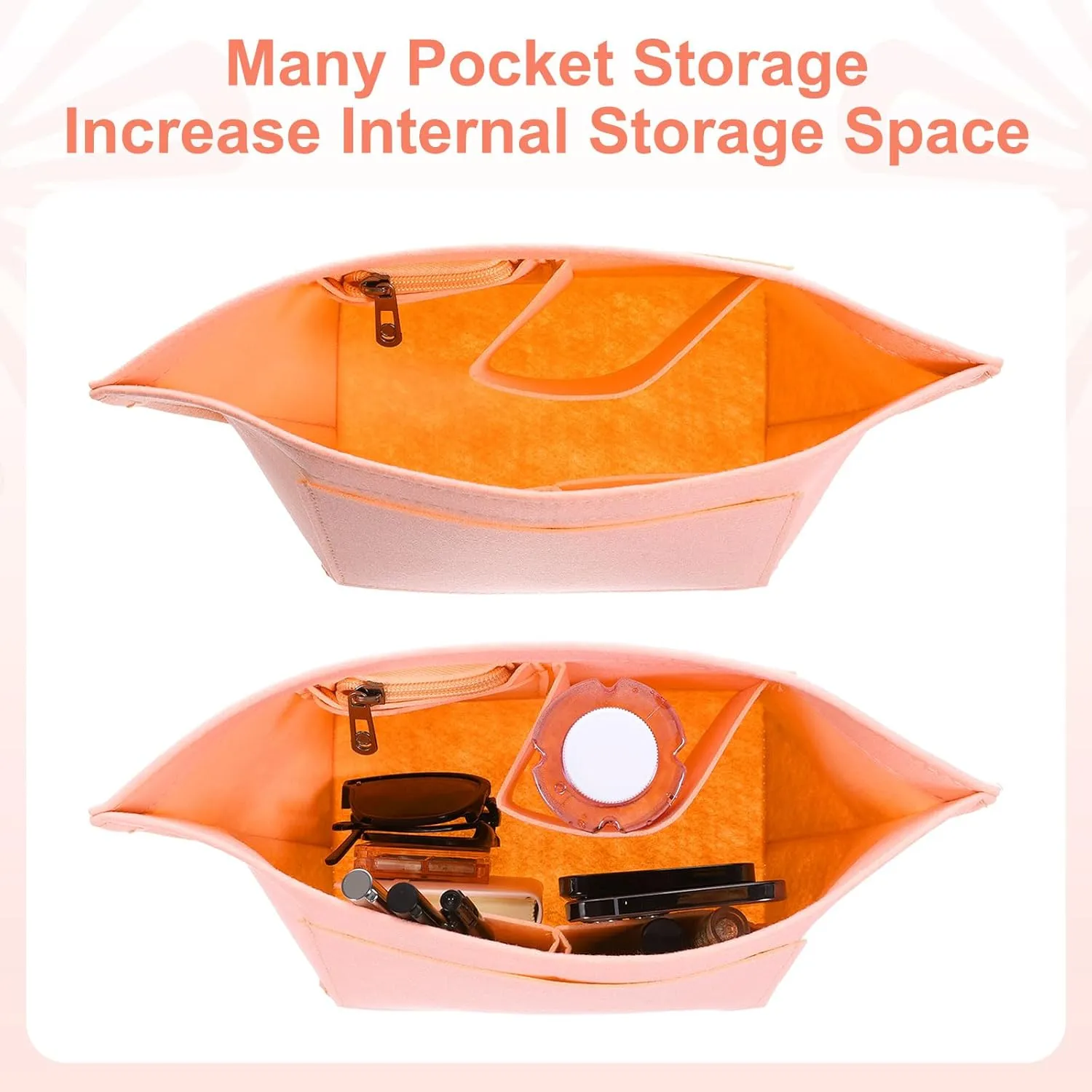 uxcell Purse Organizer Insert, Portable Felt Organizer Bags with Metal Zipper Multiple Compartments Purse Liner for Domed Satchel, Tote Bag, Handbag Shaper (8.3" x 5.1" x 6.3", Pink)