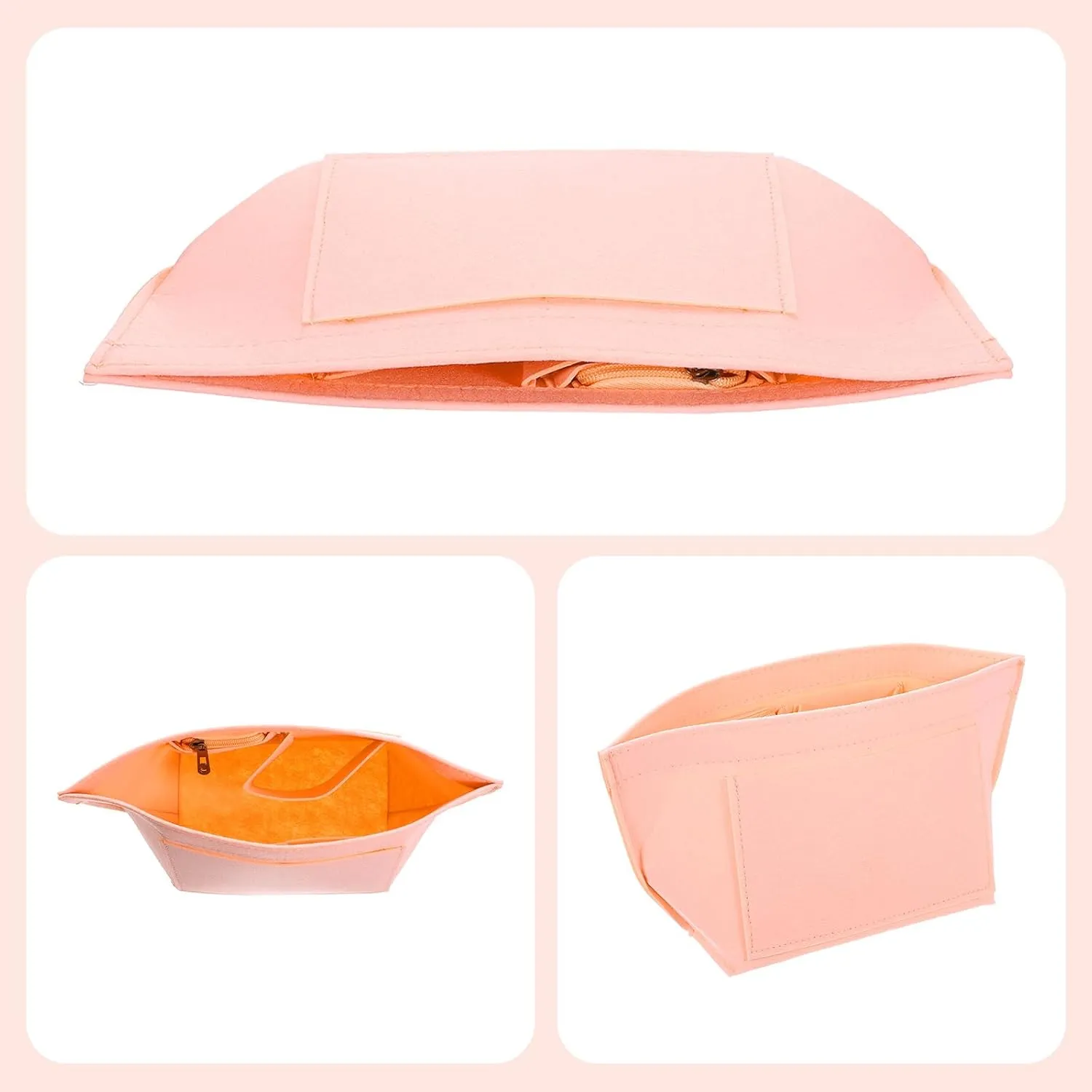 uxcell Purse Organizer Insert, Portable Felt Organizer Bags with Metal Zipper Multiple Compartments Purse Liner for Domed Satchel, Tote Bag, Handbag Shaper (8.3" x 5.1" x 6.3", Pink)