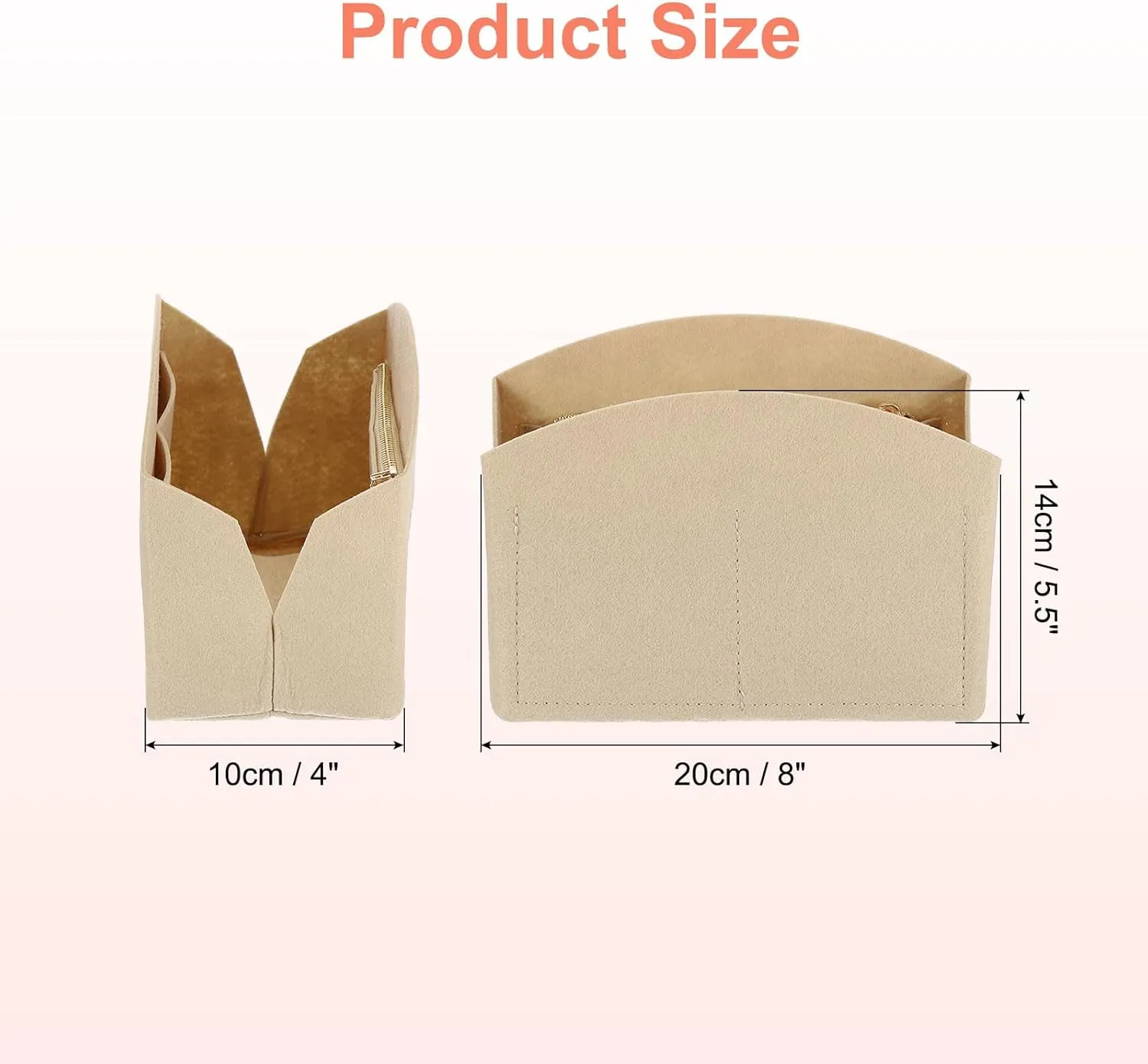 uxcell Purse Organizer Insert, Portable Felt Organizer Bags with Metal Zipper Multiple Compartments Purse Liner for Domed Satchel, Tote Bag, Handbag Shaper (8" x 4" x 5.5", Beige)