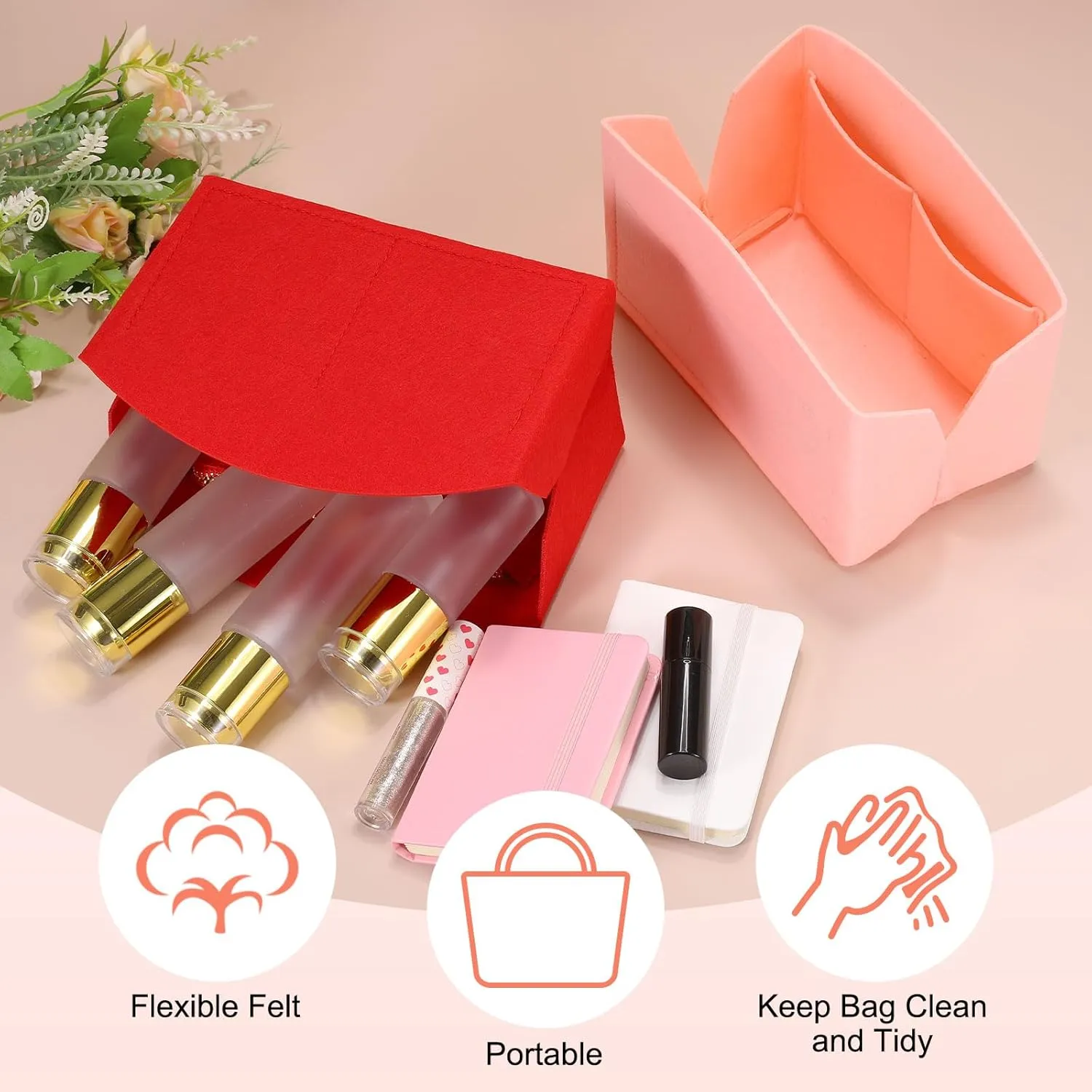 uxcell Purse Organizer Insert, Portable Felt Organizer Bags with Metal Zipper Multiple Compartments Purse Liner for Domed Satchel, Tote Bag, Handbag Shaper (8" x 4" x 5.5", Beige)