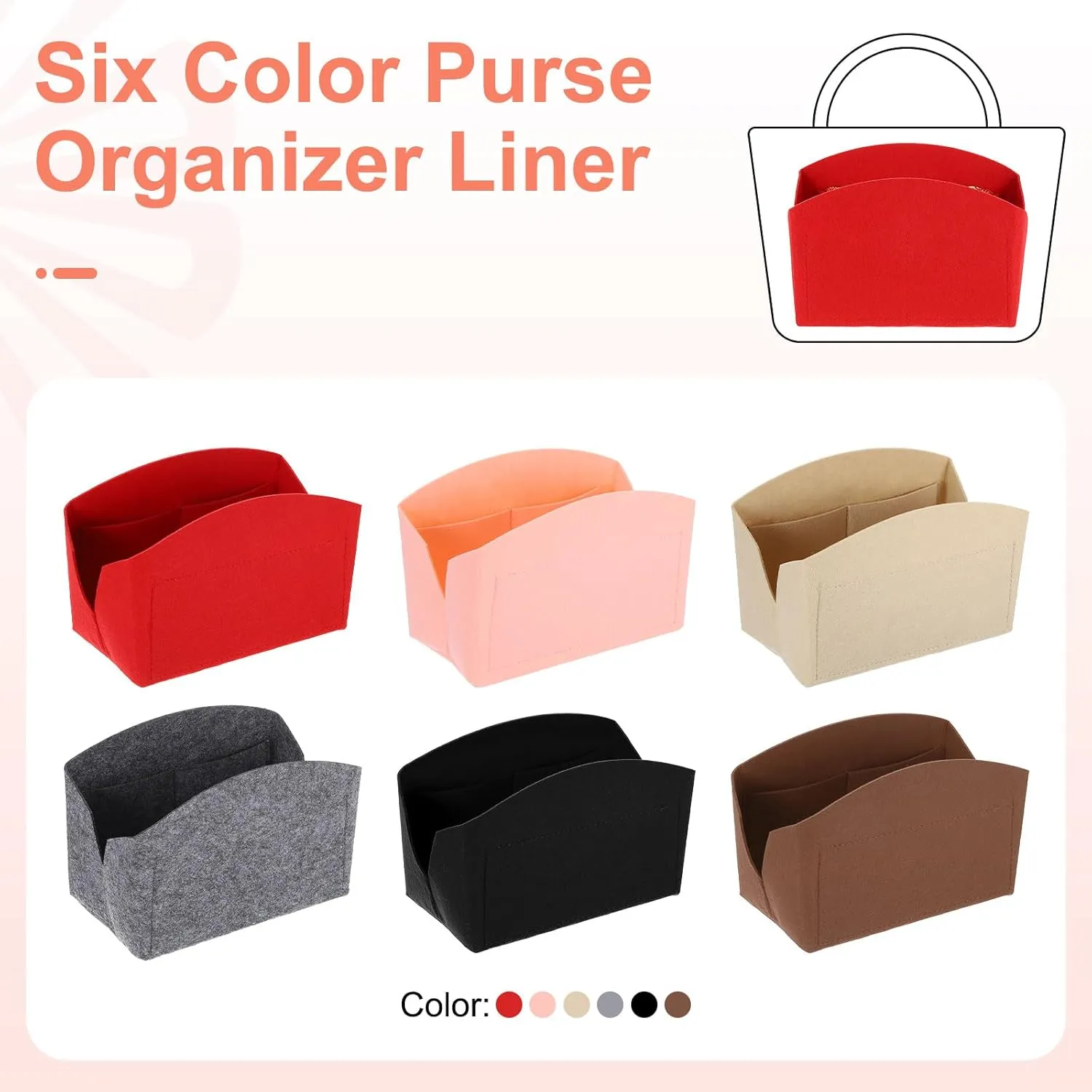 uxcell Purse Organizer Insert, Portable Felt Organizer Bags with Metal Zipper Multiple Compartments Purse Liner for Domed Satchel, Tote Bag, Handbag Shaper (8" x 4" x 5.5", Beige)