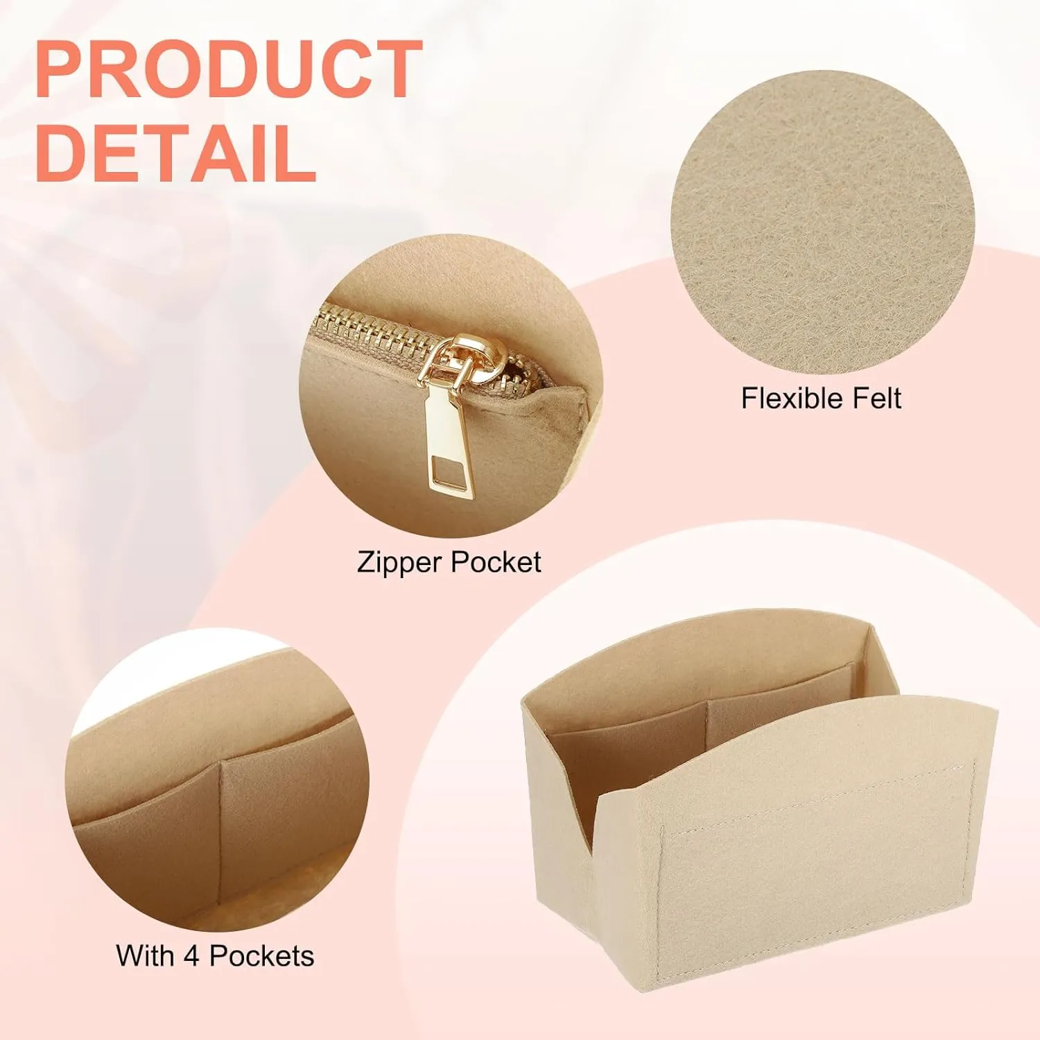 uxcell Purse Organizer Insert, Portable Felt Organizer Bags with Metal Zipper Multiple Compartments Purse Liner for Domed Satchel, Tote Bag, Handbag Shaper (8" x 4" x 5.5", Beige)