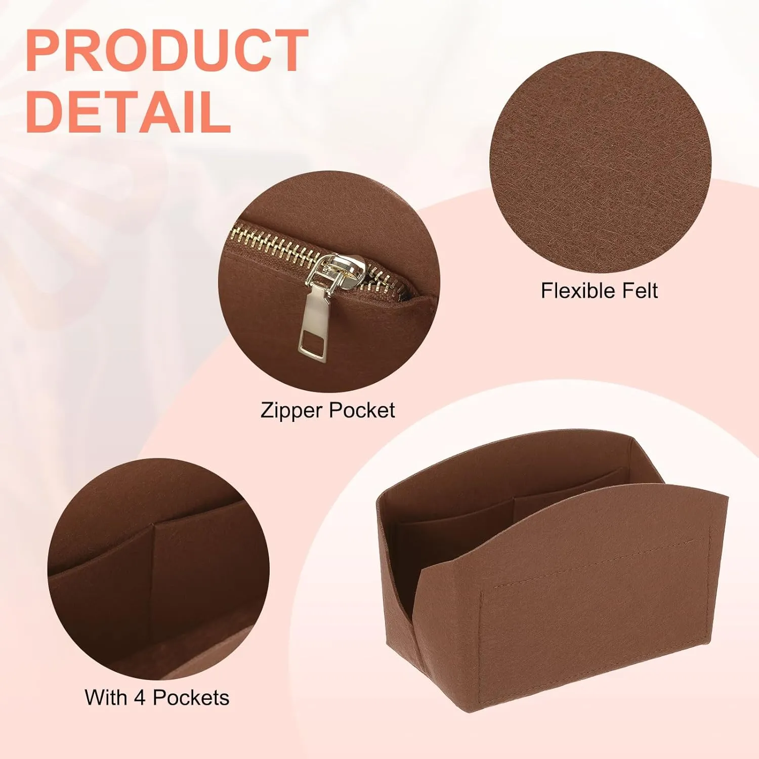 uxcell Purse Organizer Insert, Portable Felt Organizer Bags with Metal Zipper Multiple Compartments Purse Liner for Domed Satchel, Tote Bag, Handbag Shaper (8" x 4" x 5.5", Brown)