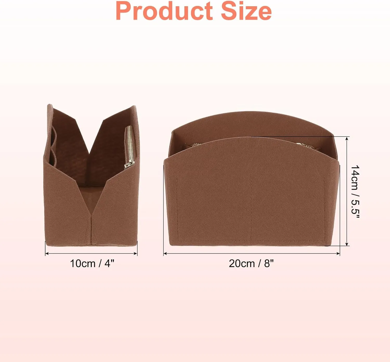 uxcell Purse Organizer Insert, Portable Felt Organizer Bags with Metal Zipper Multiple Compartments Purse Liner for Domed Satchel, Tote Bag, Handbag Shaper (8" x 4" x 5.5", Brown)