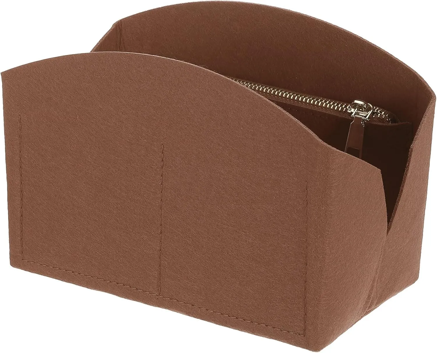 uxcell Purse Organizer Insert, Portable Felt Organizer Bags with Metal Zipper Multiple Compartments Purse Liner for Domed Satchel, Tote Bag, Handbag Shaper (8" x 4" x 5.5", Brown)