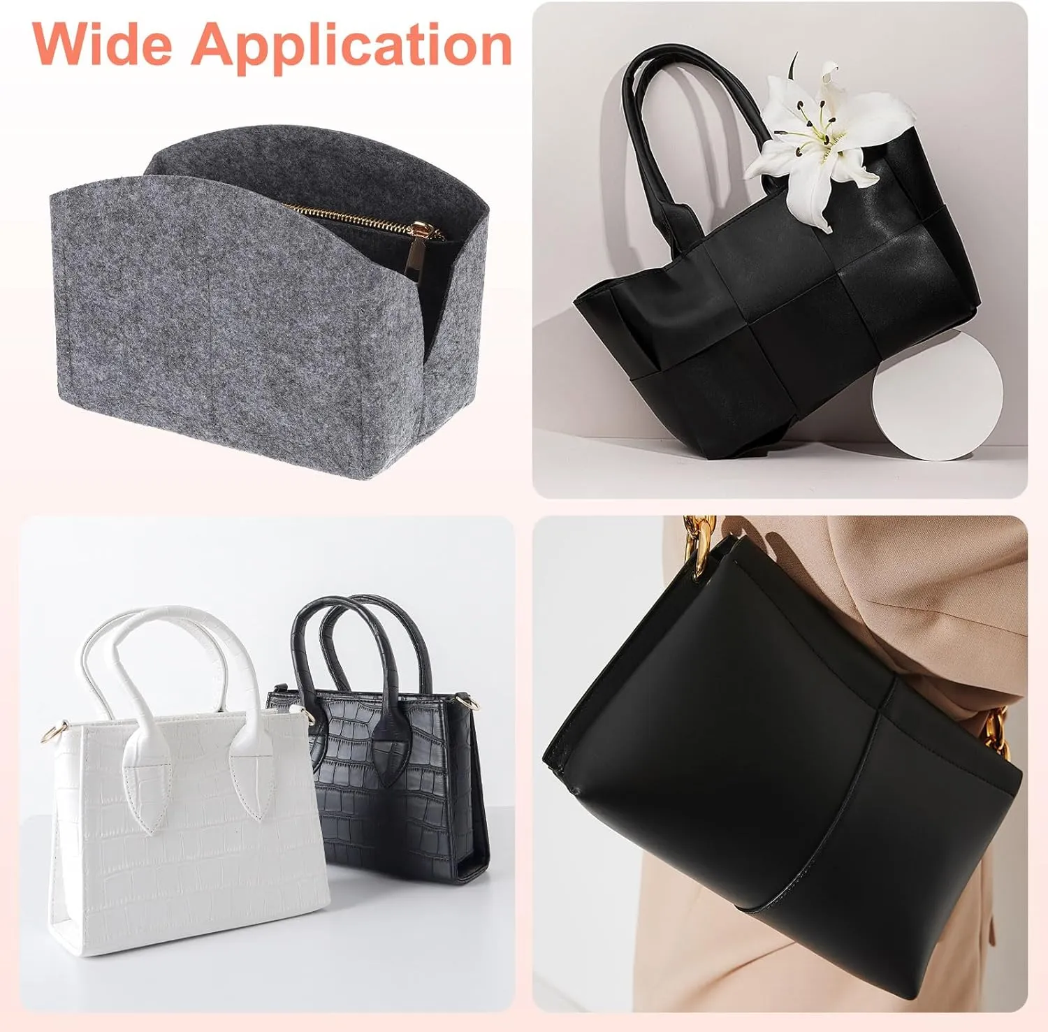 uxcell Purse Organizer Insert, Portable Felt Organizer Bags with Metal Zipper Multiple Compartments Purse Liner for Domed Satchel, Tote Bag, Handbag Shaper (8" x 4" x 5.5", Grey)
