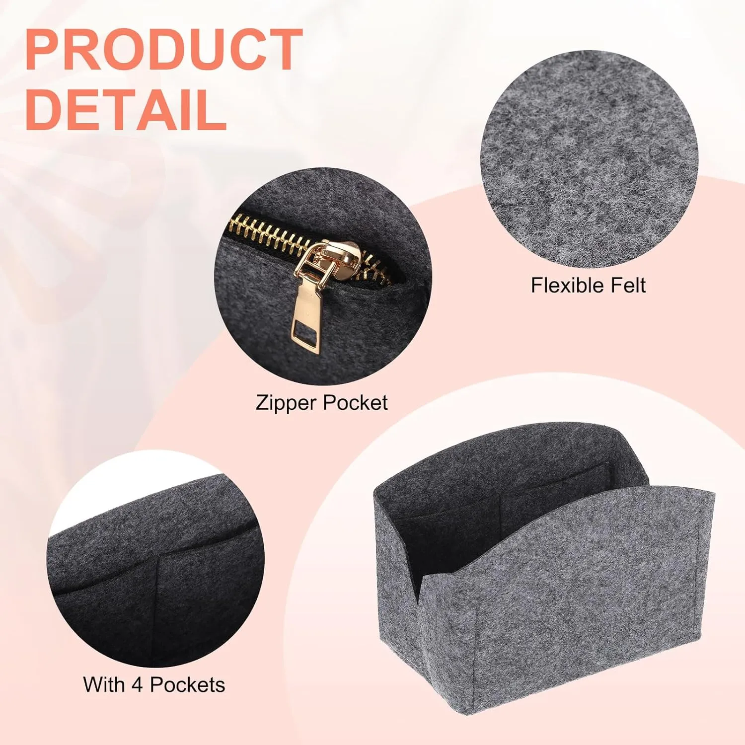 uxcell Purse Organizer Insert, Portable Felt Organizer Bags with Metal Zipper Multiple Compartments Purse Liner for Domed Satchel, Tote Bag, Handbag Shaper (8" x 4" x 5.5", Grey)