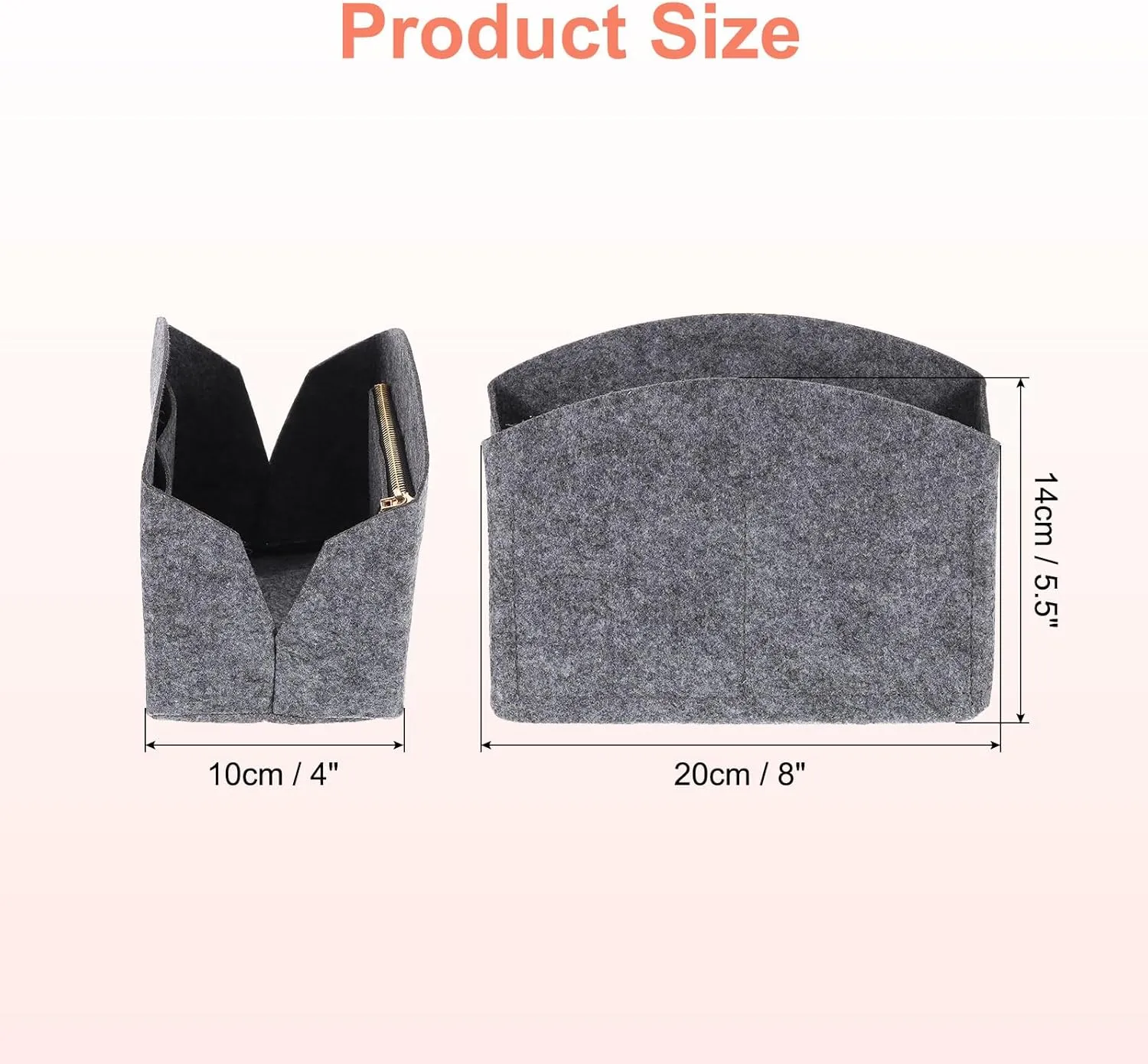 uxcell Purse Organizer Insert, Portable Felt Organizer Bags with Metal Zipper Multiple Compartments Purse Liner for Domed Satchel, Tote Bag, Handbag Shaper (8" x 4" x 5.5", Grey)
