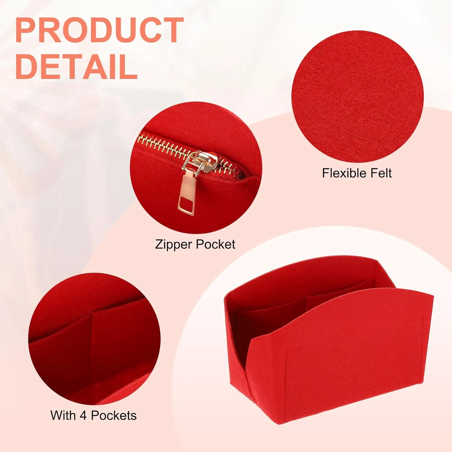 uxcell Purse Organizer Insert, Portable Felt Organizer Bags with Metal Zipper Multiple Compartments Purse Liner for Domed Satchel, Tote Bag, Handbag Shaper (8" x 4" x 5.5", Red)