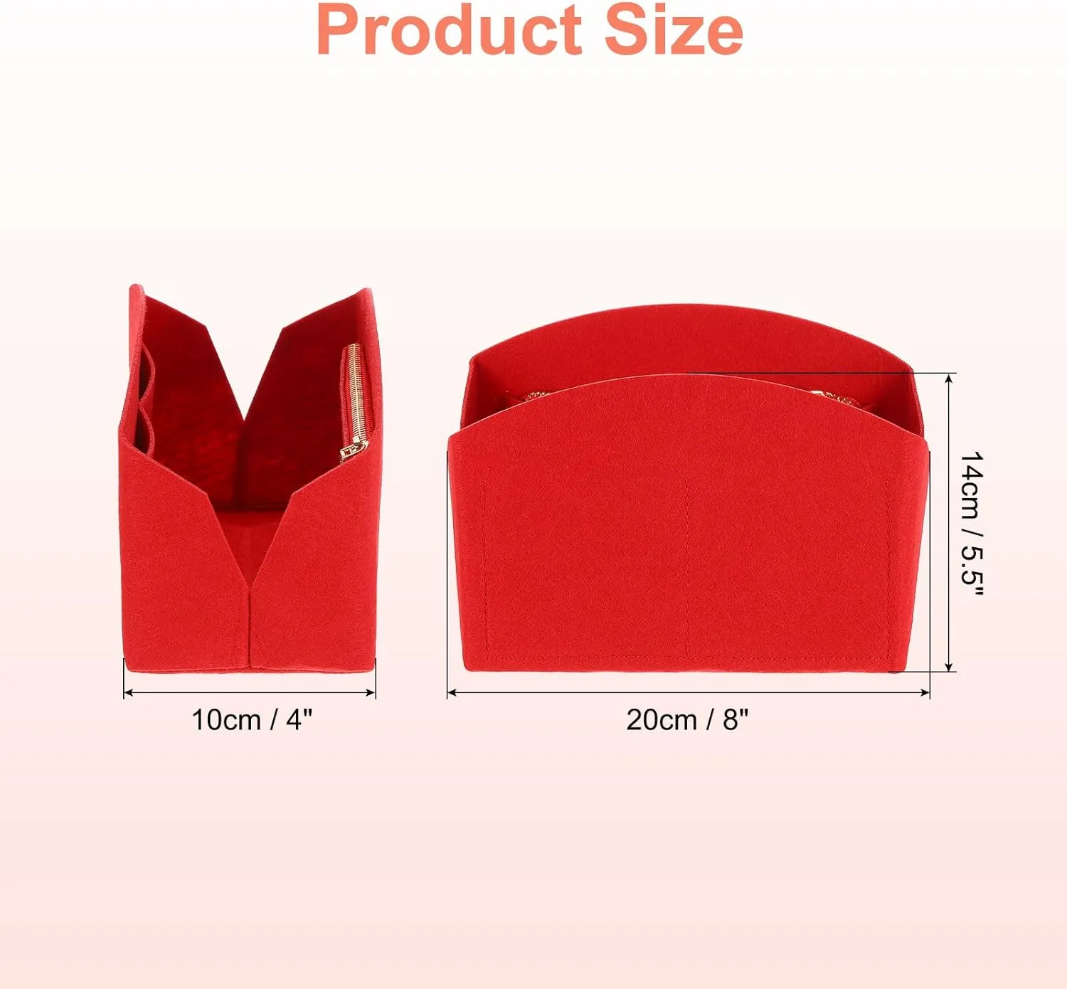uxcell Purse Organizer Insert, Portable Felt Organizer Bags with Metal Zipper Multiple Compartments Purse Liner for Domed Satchel, Tote Bag, Handbag Shaper (8" x 4" x 5.5", Red)