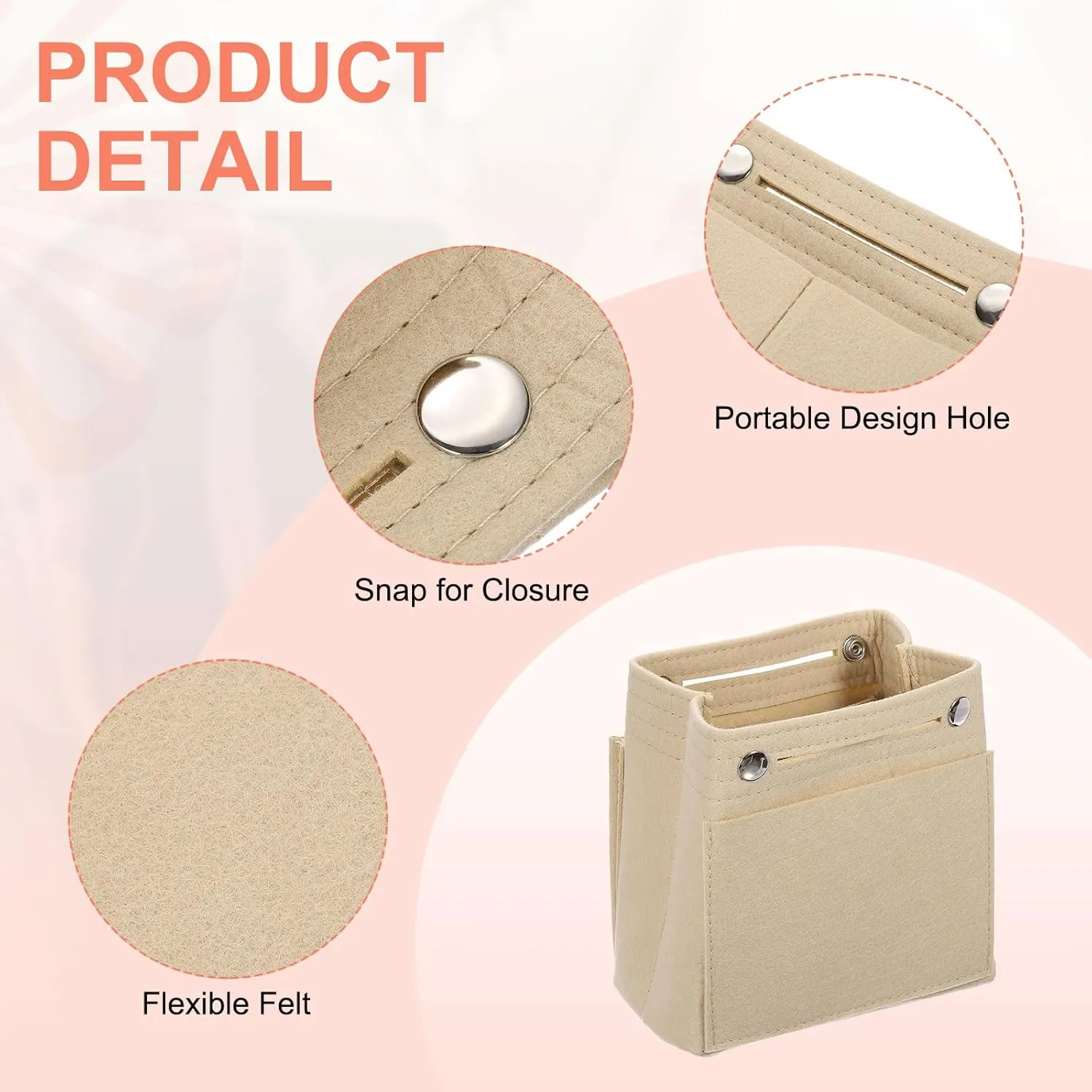 uxcell Purse Organizer Insert, Portable Felt Organizer Bags with Snap Multiple Compartments Purse Liner for Domed Satchel, Tote Bag, Handbag Shaper (7" x 4" x 6.3", Beige)