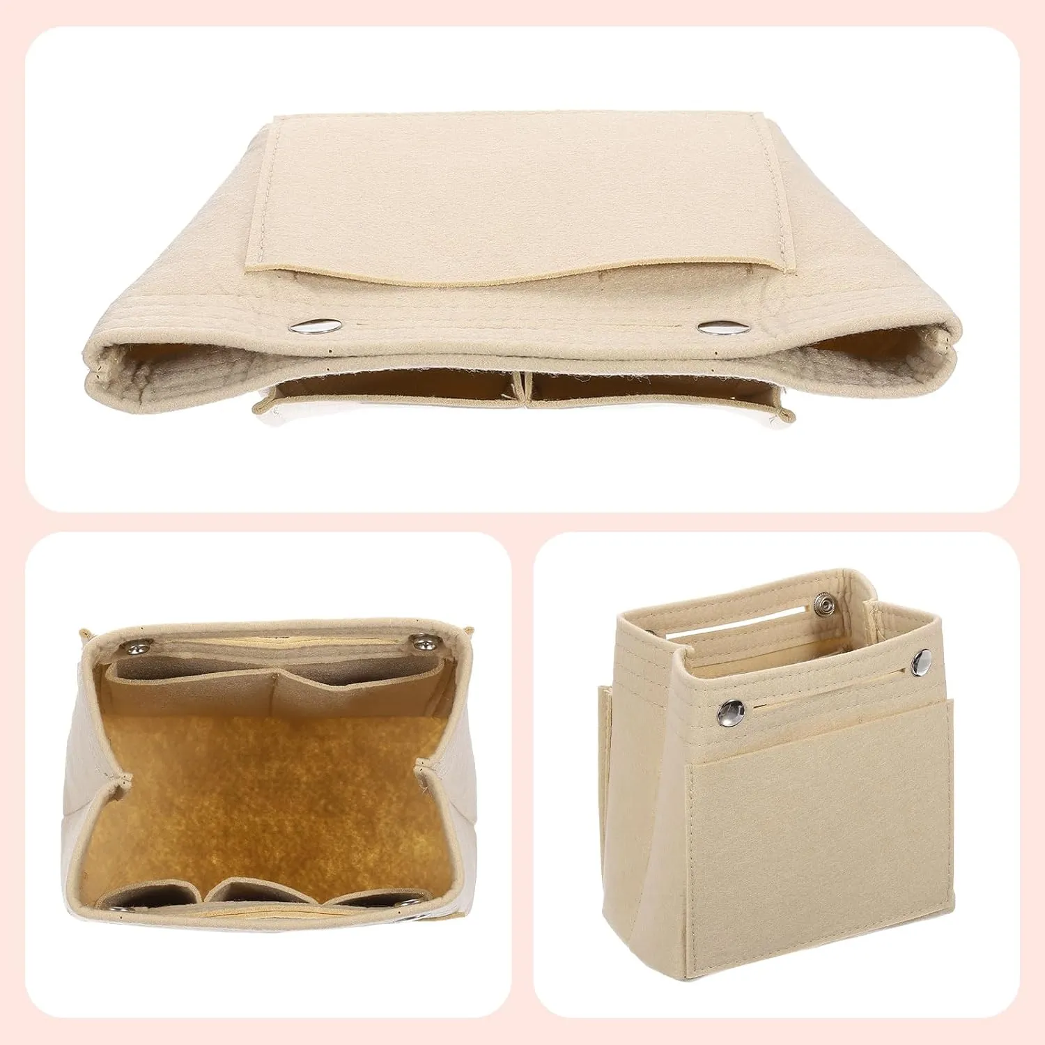 uxcell Purse Organizer Insert, Portable Felt Organizer Bags with Snap Multiple Compartments Purse Liner for Domed Satchel, Tote Bag, Handbag Shaper (7" x 4" x 6.3", Beige)