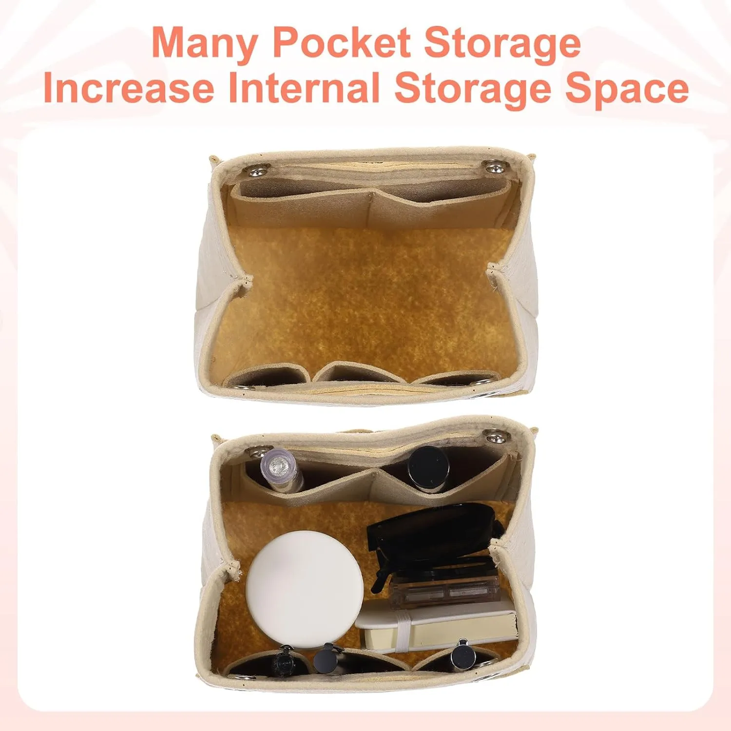 uxcell Purse Organizer Insert, Portable Felt Organizer Bags with Snap Multiple Compartments Purse Liner for Domed Satchel, Tote Bag, Handbag Shaper (7" x 4" x 6.3", Beige)