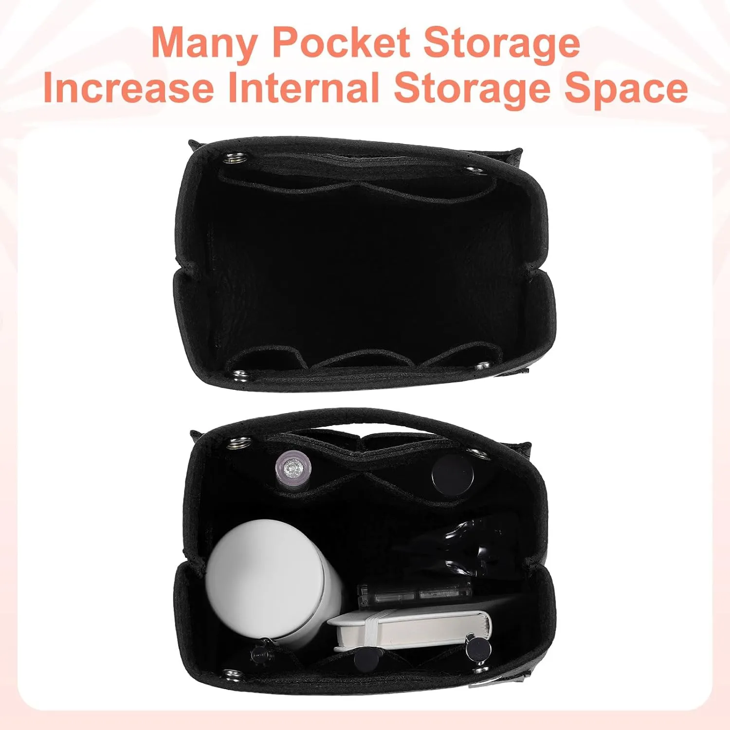 uxcell Purse Organizer Insert, Portable Felt Organizer Bags with Snap Multiple Compartments Purse Liner for Domed Satchel, Tote Bag, Handbag Shaper (7" x 4" x 6.3", Black)