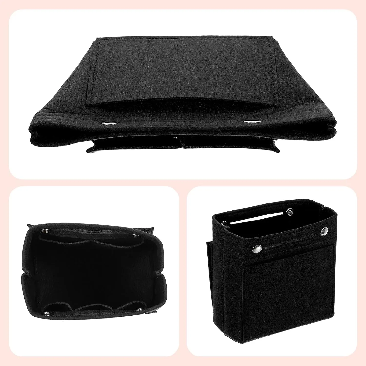 uxcell Purse Organizer Insert, Portable Felt Organizer Bags with Snap Multiple Compartments Purse Liner for Domed Satchel, Tote Bag, Handbag Shaper (7" x 4" x 6.3", Black)