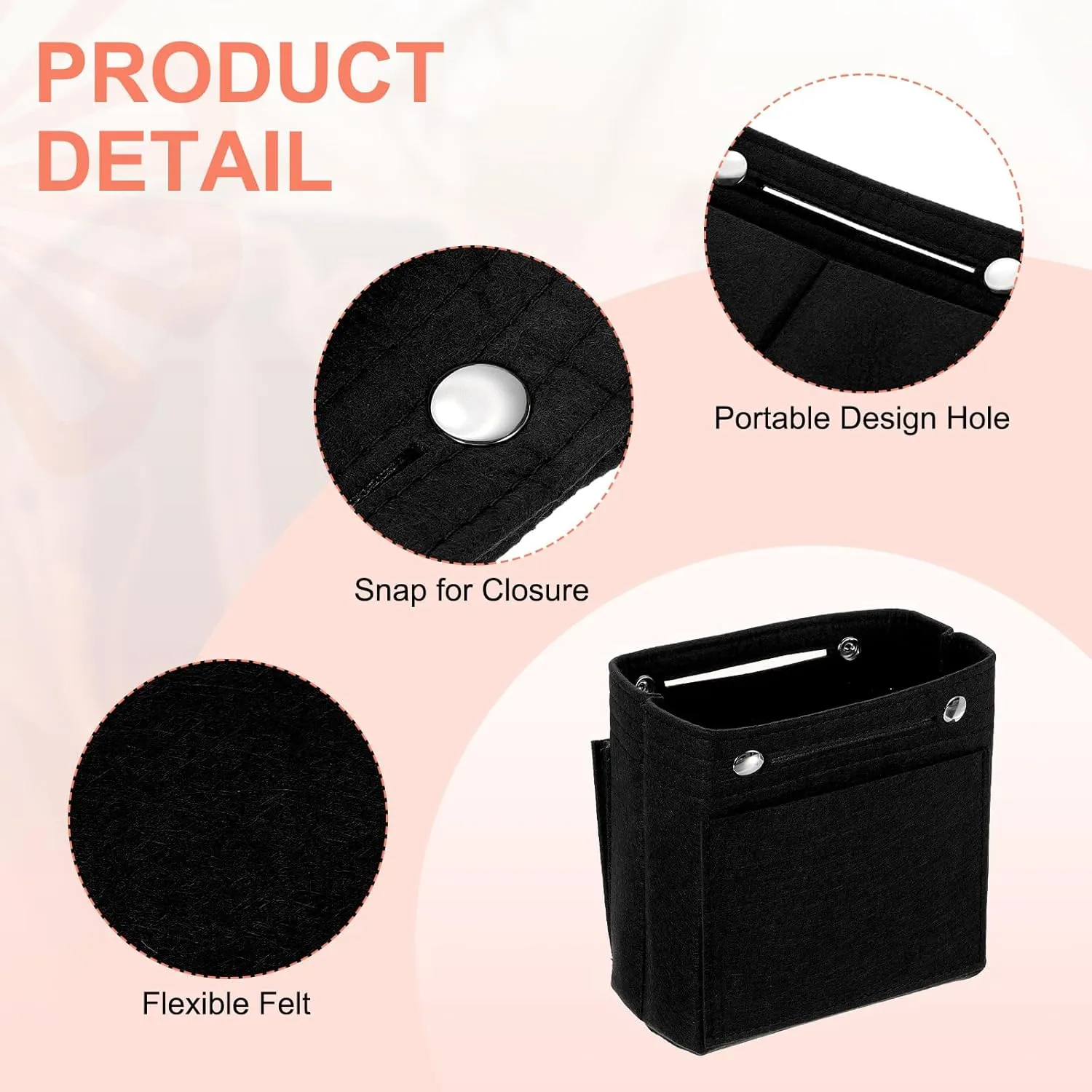 uxcell Purse Organizer Insert, Portable Felt Organizer Bags with Snap Multiple Compartments Purse Liner for Domed Satchel, Tote Bag, Handbag Shaper (7" x 4" x 6.3", Black)