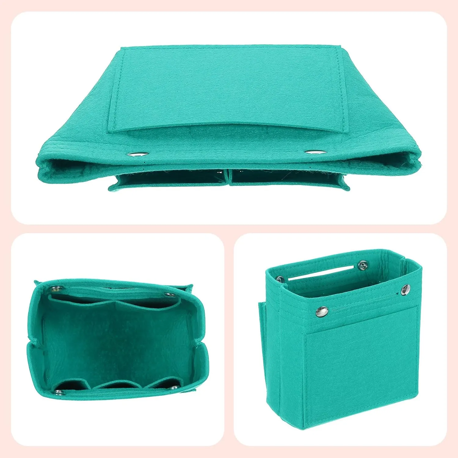 uxcell Purse Organizer Insert, Portable Felt Organizer Bags with Snap Multiple Compartments Purse Liner for Domed Satchel, Tote Bag, Handbag Shaper (7" x 4" x 6.3", Cyan)
