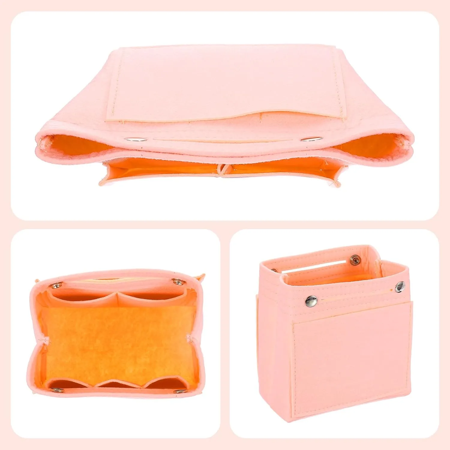 uxcell Purse Organizer Insert, Portable Felt Organizer Bags with Snap Multiple Compartments Purse Liner for Domed Satchel, Tote Bag, Handbag Shaper (7" x 4" x 6.3", Pink)