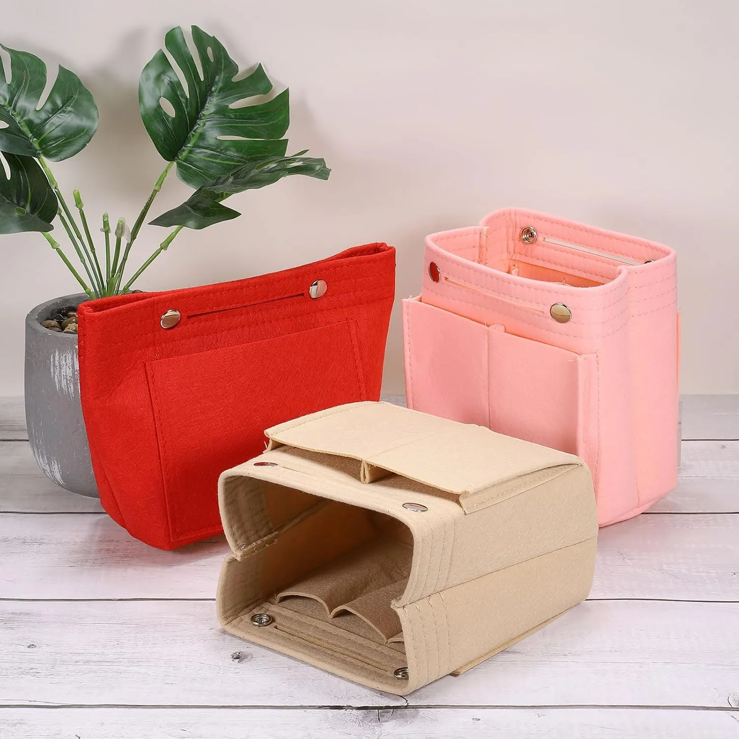 uxcell Purse Organizer Insert, Portable Felt Organizer Bags with Snap Multiple Compartments Purse Liner for Domed Satchel, Tote Bag, Handbag Shaper (7" x 4" x 6.3", Pink)