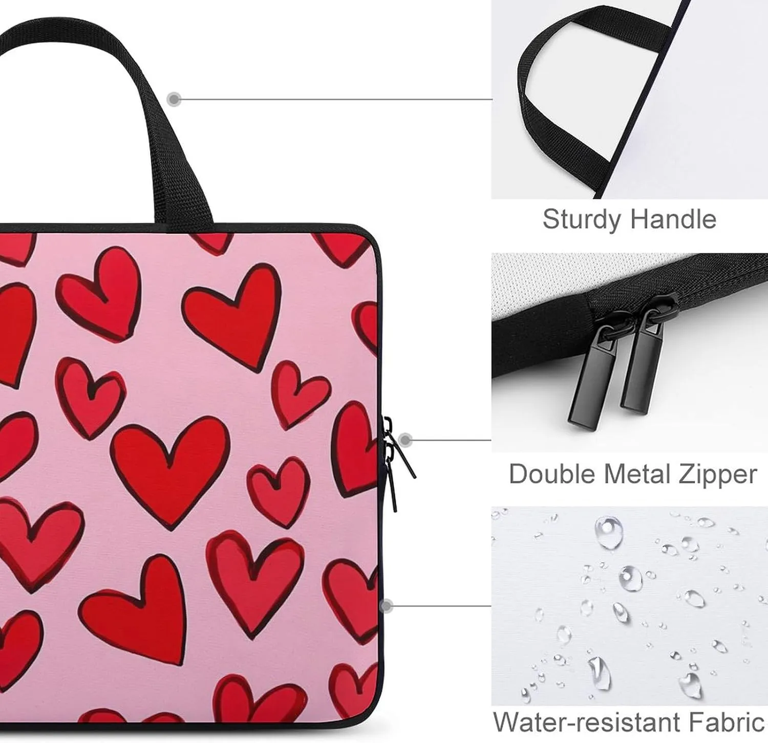 Valentine's Day Love Hearts Pattern Laptop Sleeve Bag Computer Carrying Case Laptops Protective Cover for Travel Business