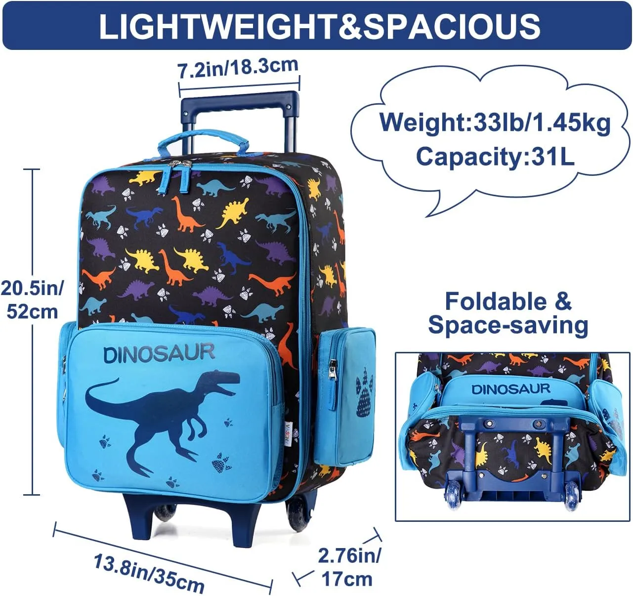 VASCHY Kids Luggage for Boys, Cute Rolling Travel Carry on Suitcase for Toddlers/Children with Wheels 18inch Dinosaur