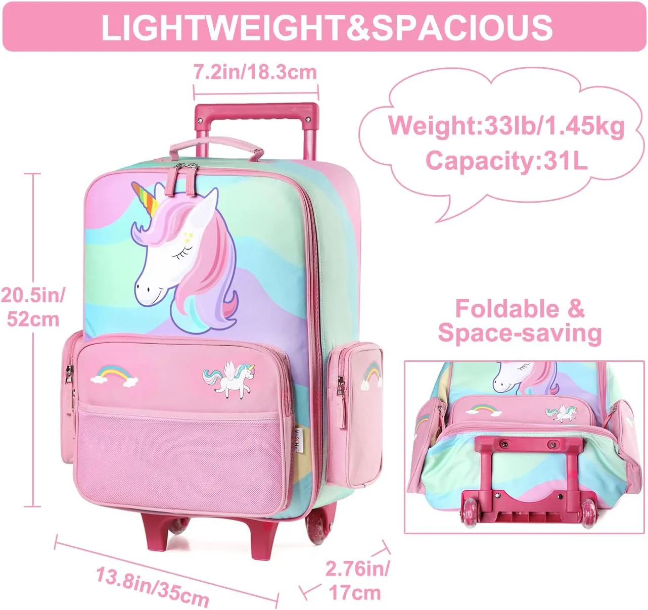 VASCHY Kids Luggage for Girls, Cute Rolling Travel Carry on Suitcase for Toddlers/Children with Wheels 18inch Unicorn