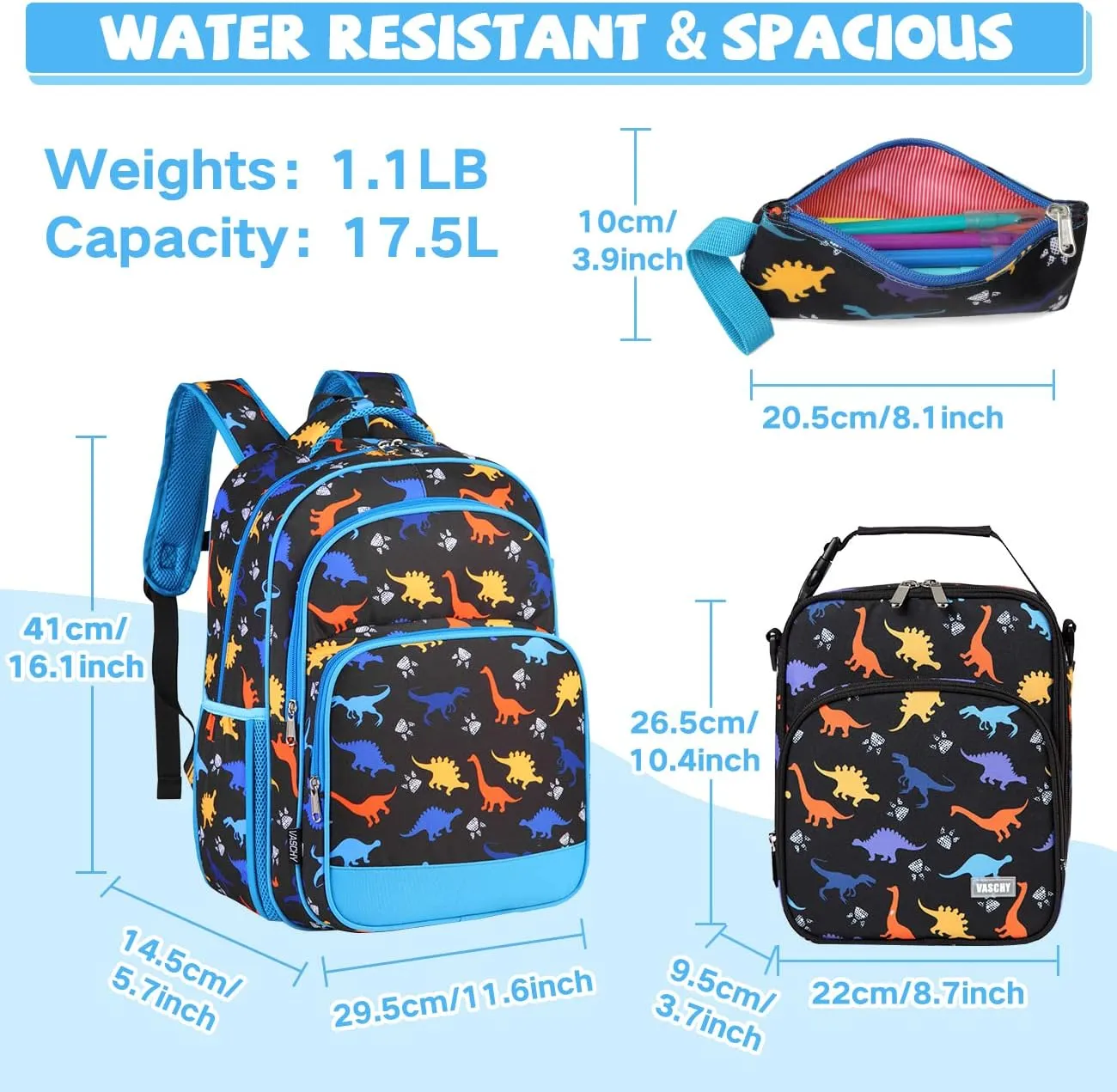 VASCHY Kids School Backpack Lunch Box Bag Pencil Case Combo, Children BookBag Schoolbag Insulate Lunch Bag Pen Pouch Set for Preschool/Kindergarten/Elementry School Boys Girls