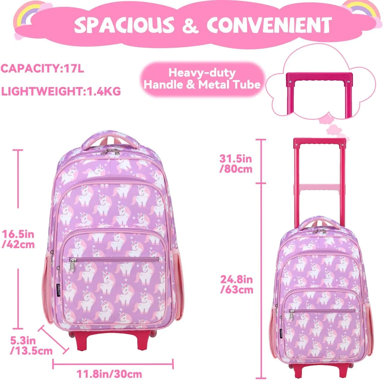 VASCHY Rolling Backpack Kids, 17in Water Resistant Large Schoolbag Carry-on Travel Trip Bag with Wheels for Girls Unicorn
