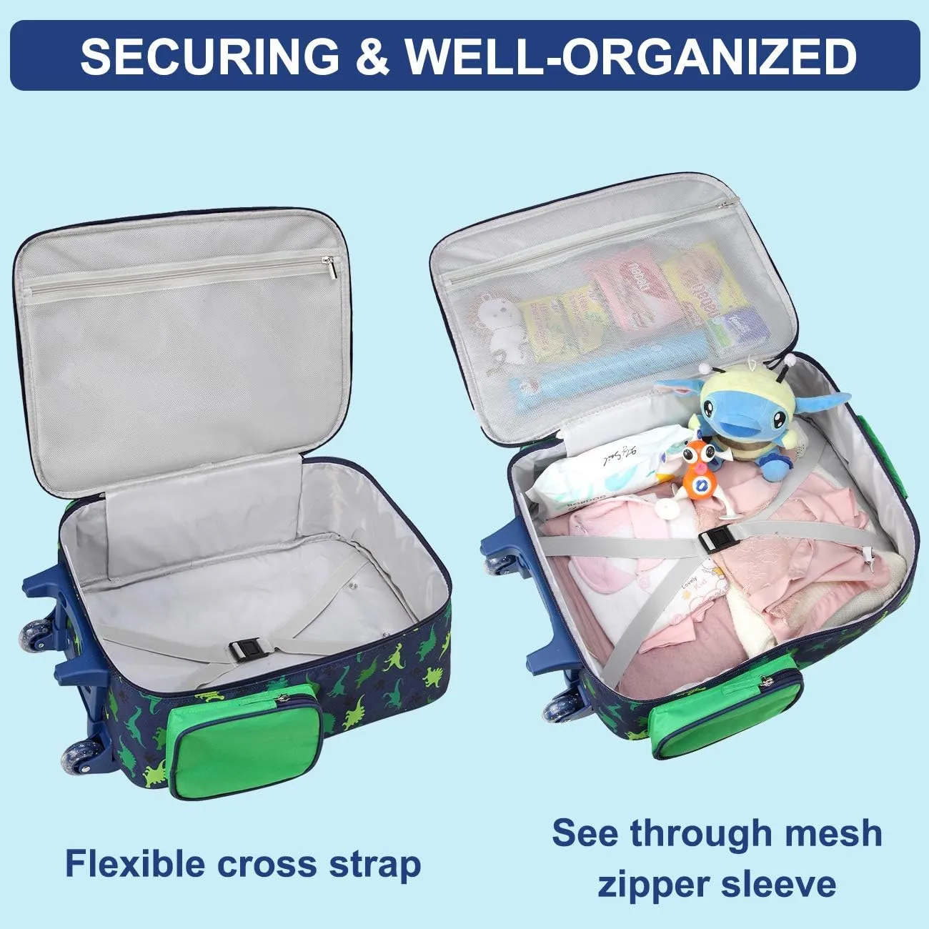 VASCHY Rolling Luggage for Kids, Cute Travel Carry on Suitcase for Boys Toddlers/Children with Wheels 18inch Dinosaur