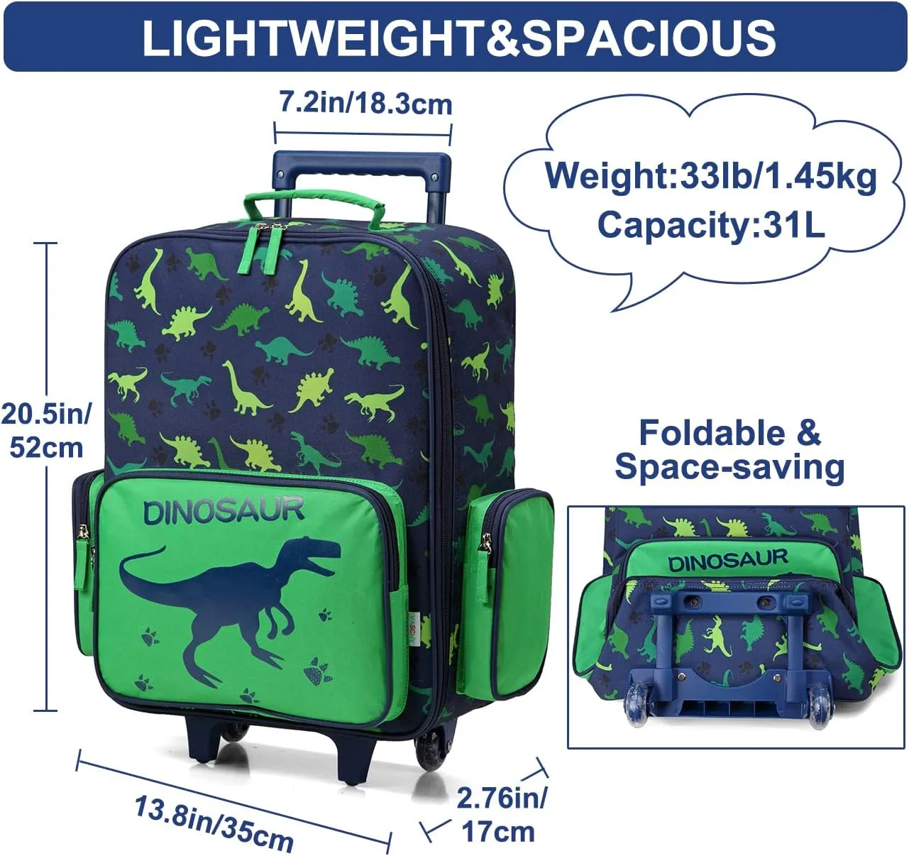 VASCHY Rolling Luggage for Kids, Cute Travel Carry on Suitcase for Boys Toddlers/Children with Wheels 18inch Dinosaur