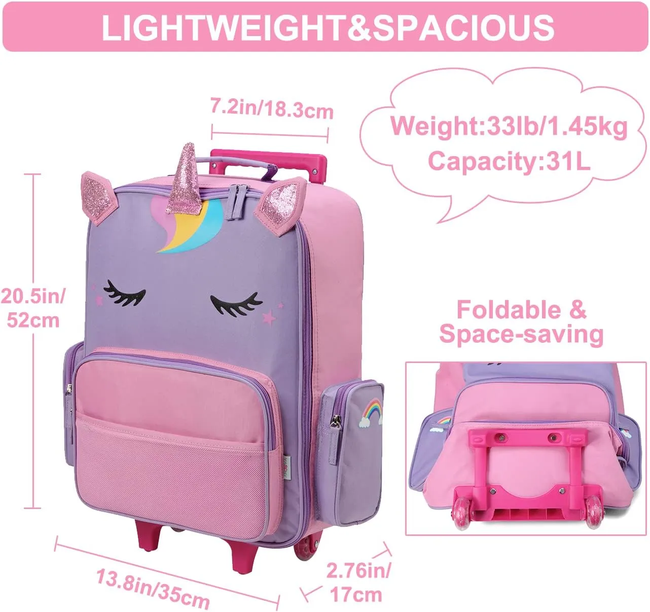 VASCHY Rolling Luggage for Kids, Cute Travel Carry on Suitcase for Girls/Toddlers/Children with Wheels 18inch Unicorn