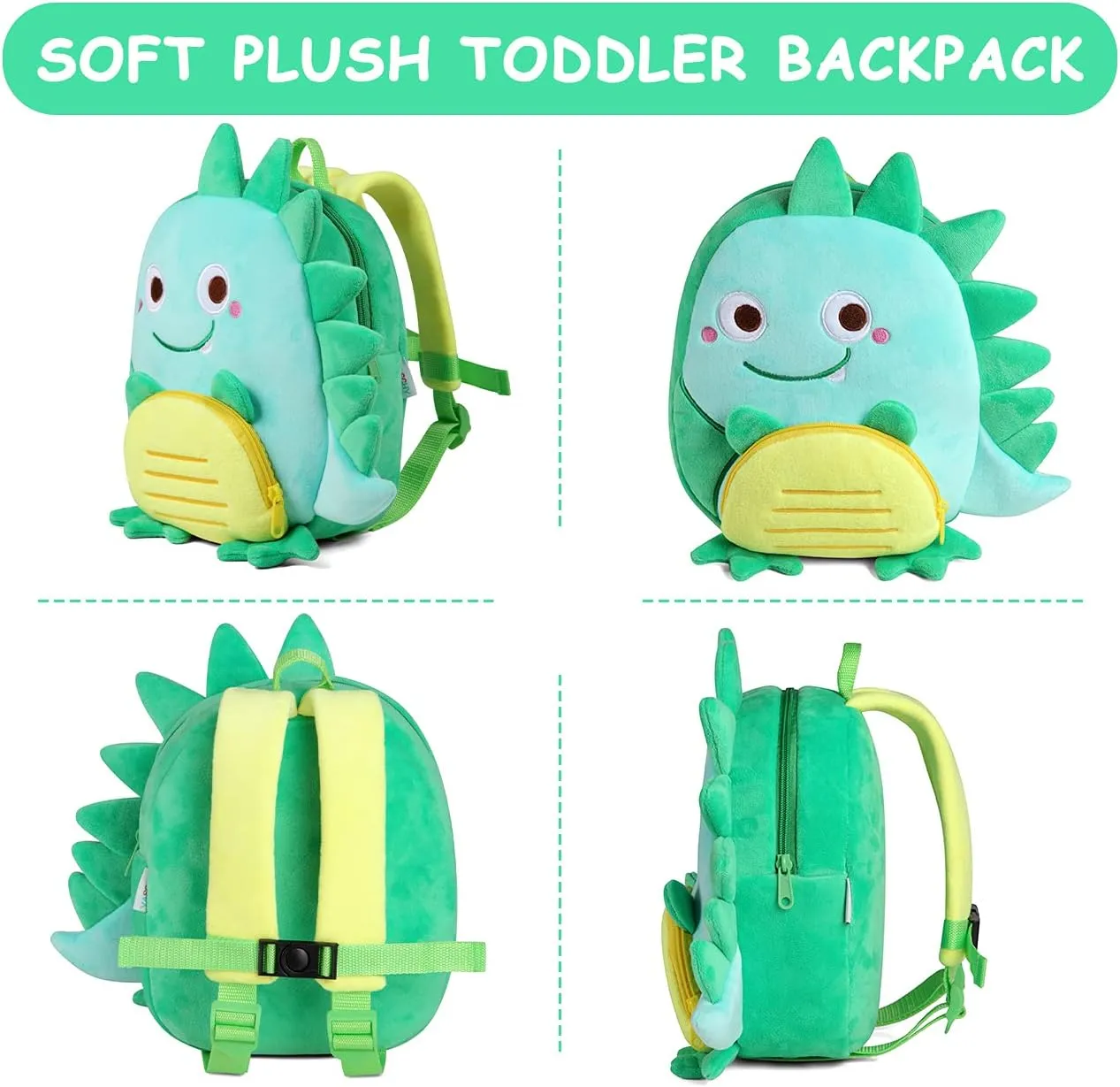 VASCHY Toddler Backpack, Baby Boys and Girls Cute Plush Animal Small Daycare Backpack for Little Kid Smiling Dinosaur