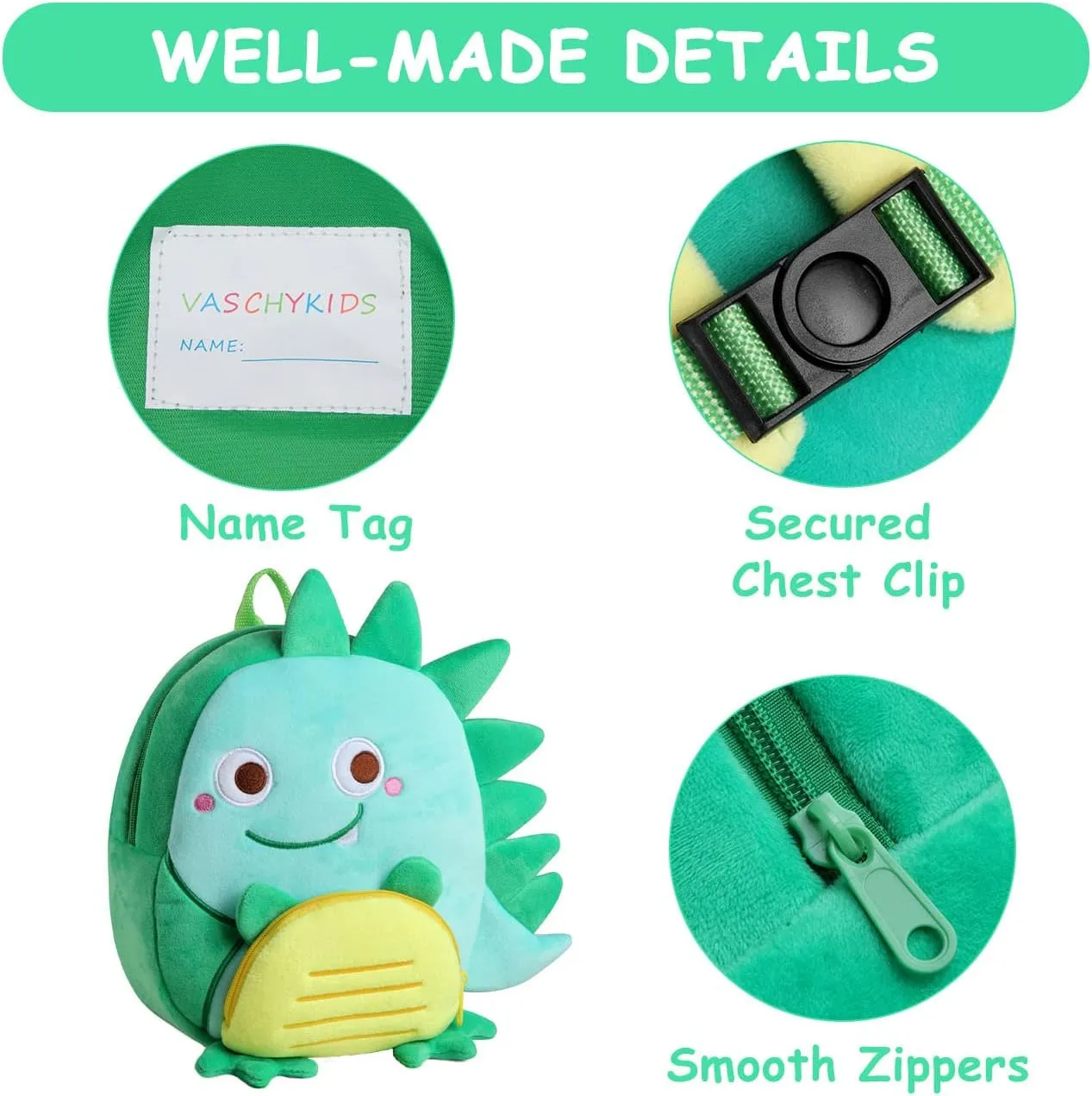 VASCHY Toddler Backpack, Baby Boys and Girls Cute Plush Animal Small Daycare Backpack for Little Kid Smiling Dinosaur