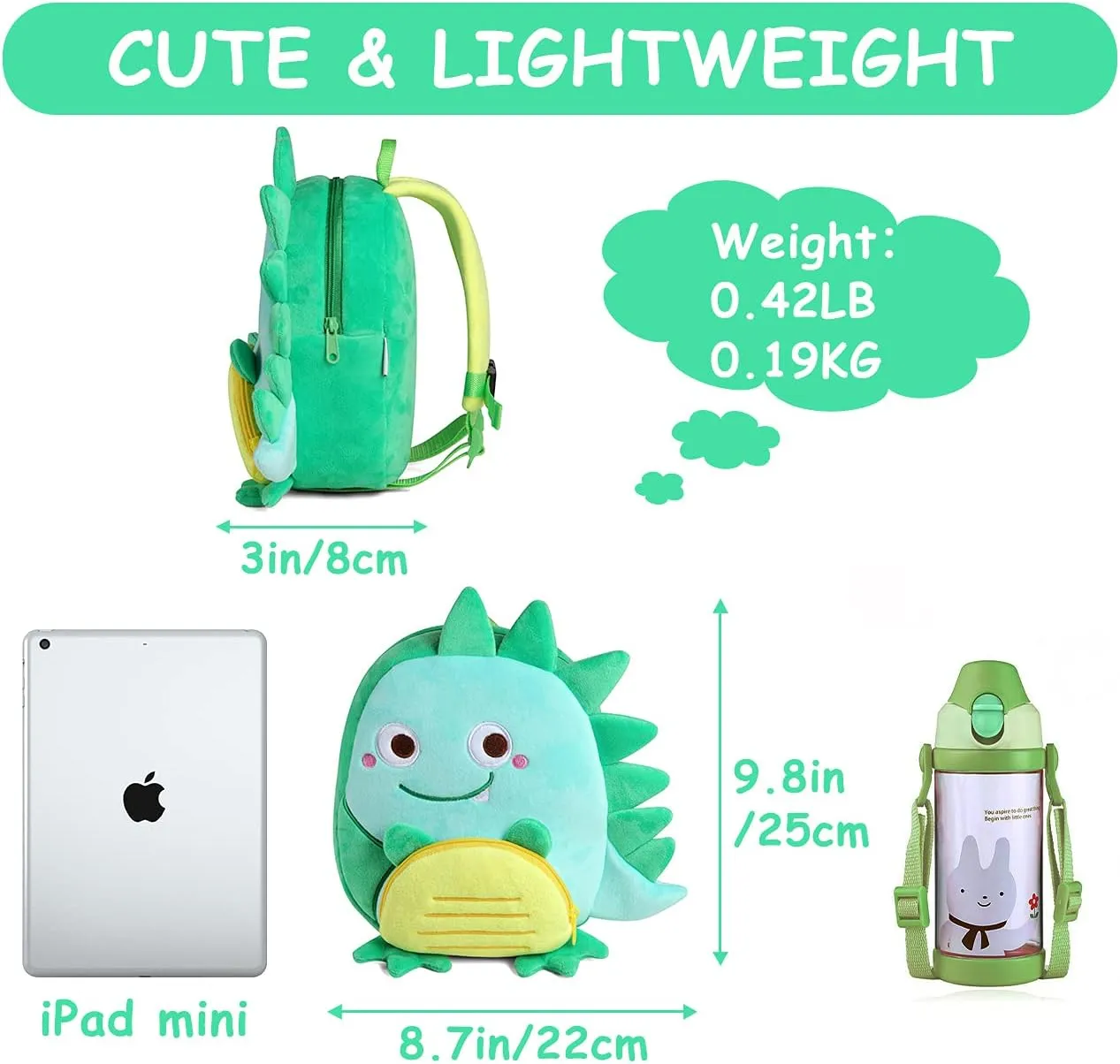 VASCHY Toddler Backpack, Baby Boys and Girls Cute Plush Animal Small Daycare Backpack for Little Kid Smiling Dinosaur
