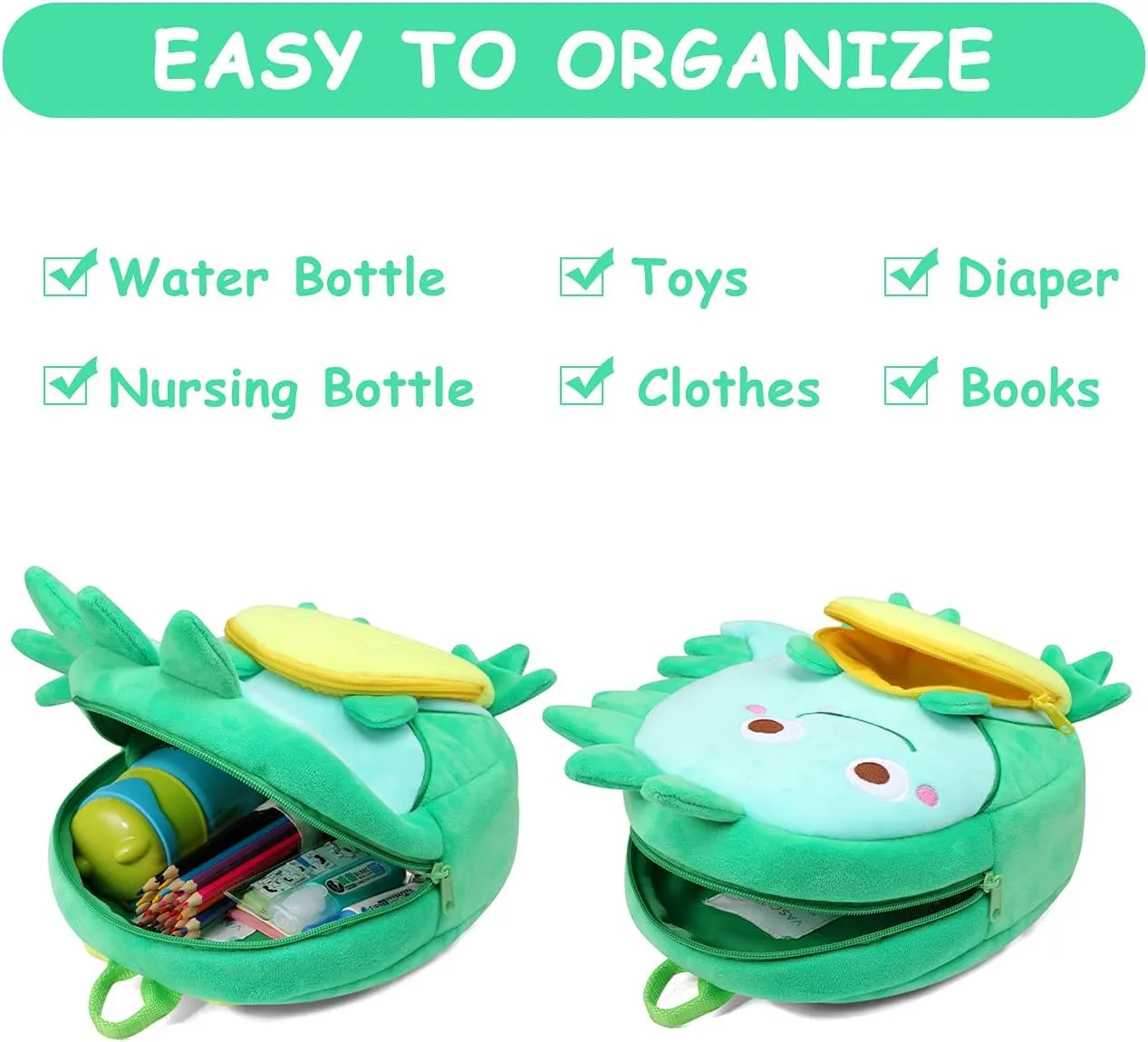 VASCHY Toddler Backpack, Baby Boys and Girls Cute Plush Animal Small Daycare Backpack for Little Kid Smiling Dinosaur