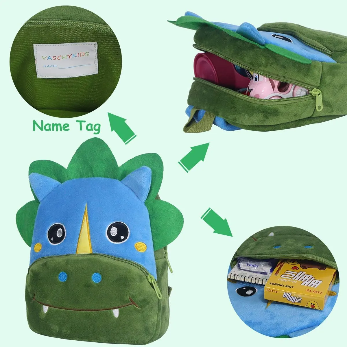 VASCHY Toddler Backpack, Boys and Girls Cute Plush Animal Small Daycare Backpack for Little Kids Dinosaur