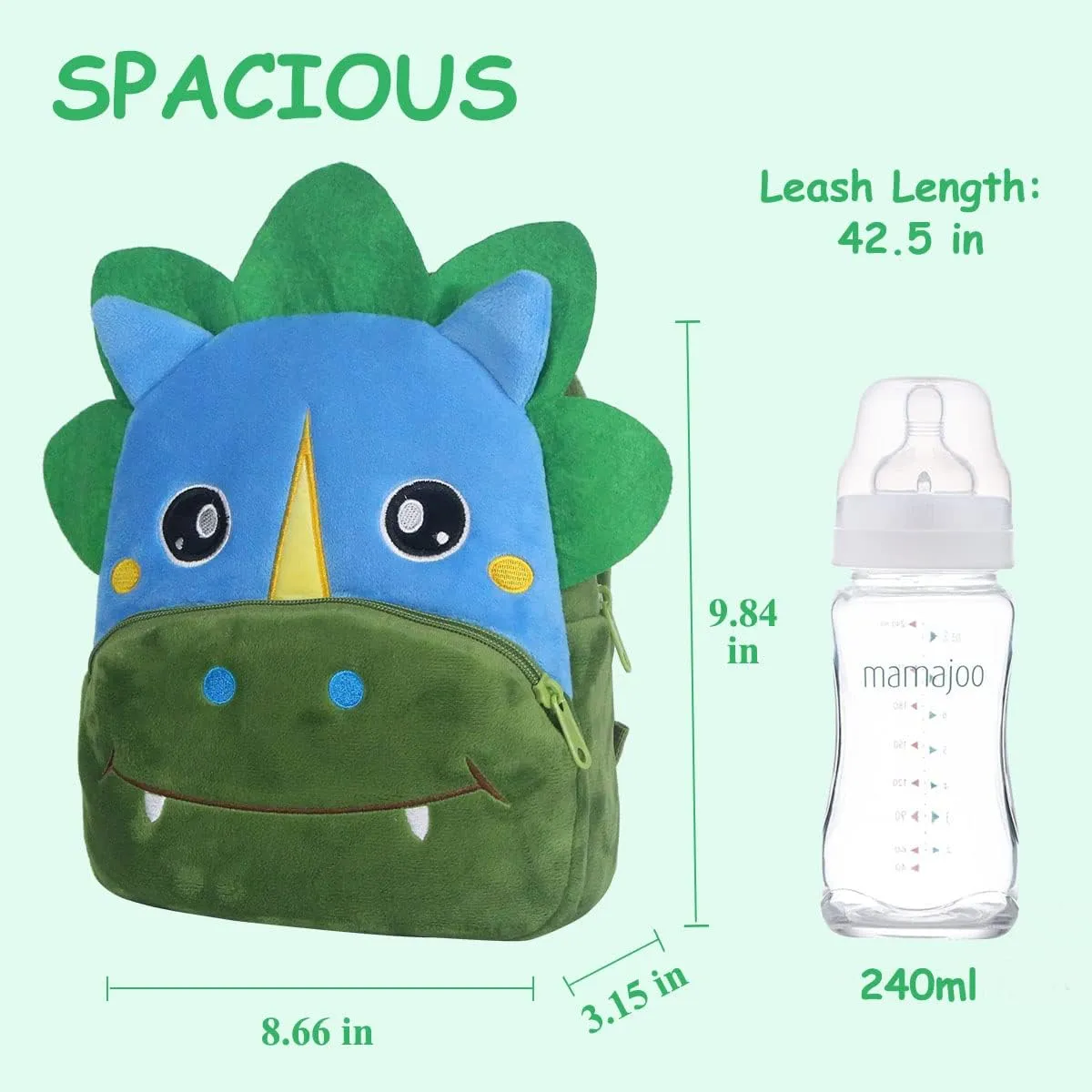 VASCHY Toddler Backpack, Boys and Girls Cute Plush Animal Small Daycare Backpack for Little Kids Dinosaur