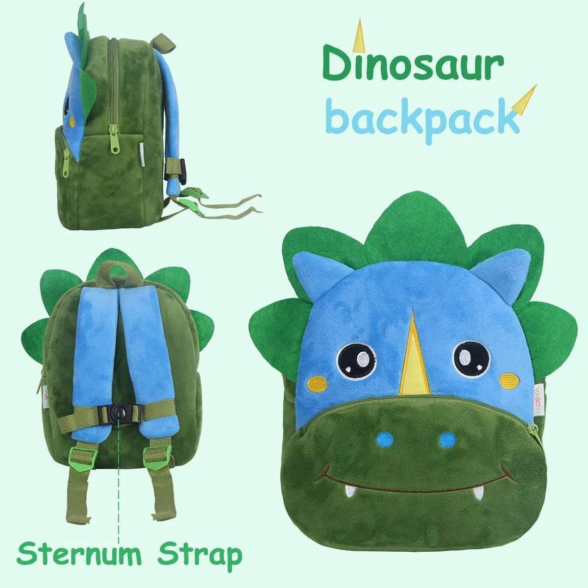 VASCHY Toddler Backpack, Boys and Girls Cute Plush Animal Small Daycare Backpack for Little Kids Dinosaur