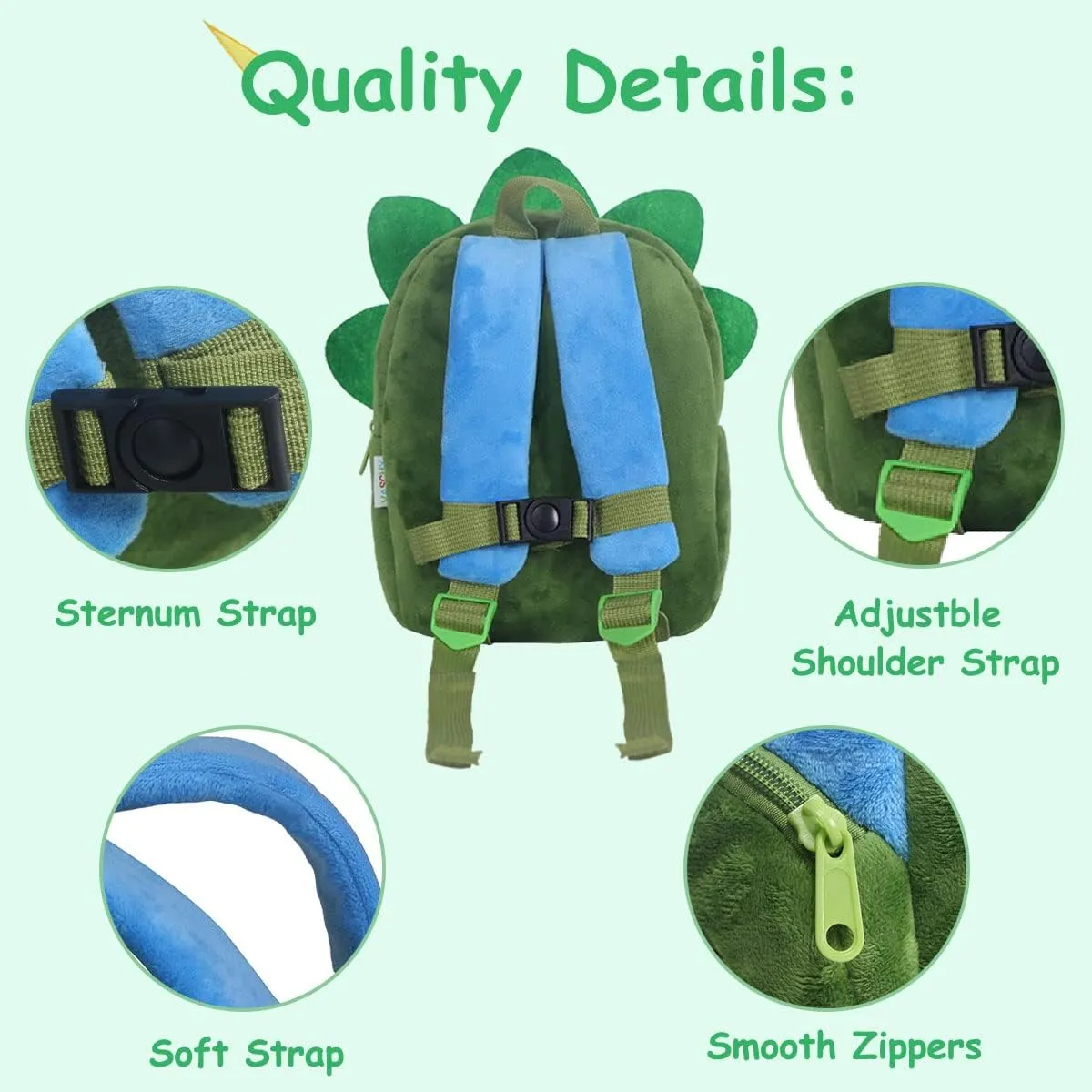 VASCHY Toddler Backpack, Boys and Girls Cute Plush Animal Small Daycare Backpack for Little Kids Dinosaur