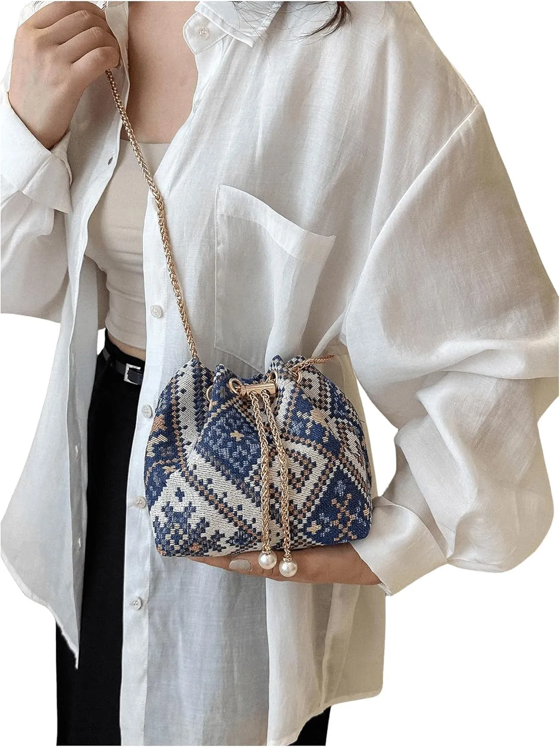 Verdusa Mini Plaid Print Drawstring Tote Bags Casual Handbags Retro Handbag