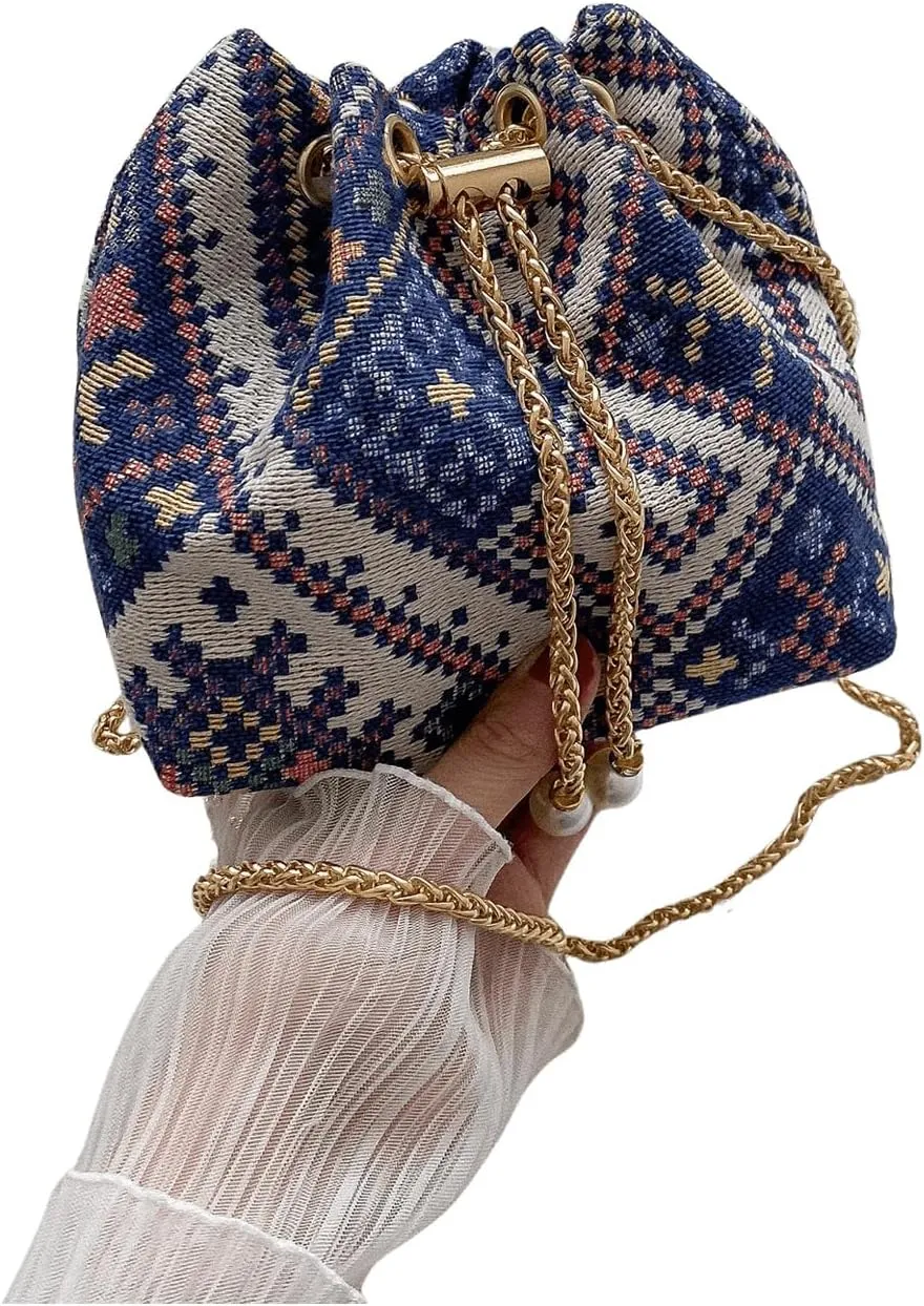 Verdusa Mini Plaid Print Drawstring Tote Bags Casual Handbags Retro Handbag