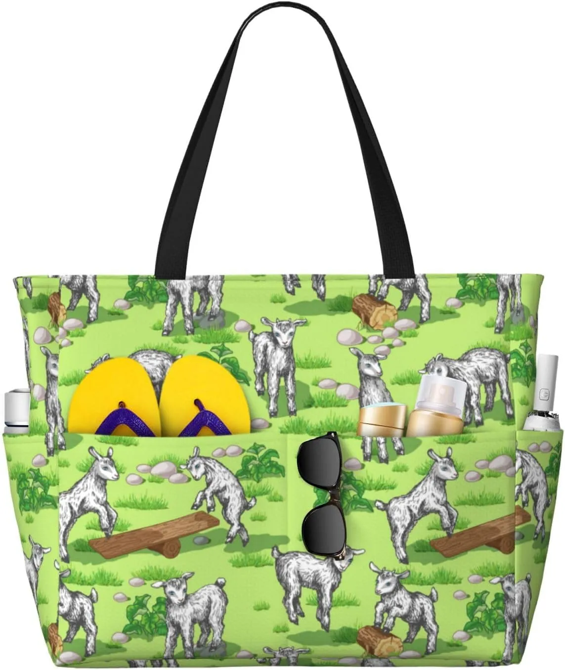 VOSERY Large Beach Bags Waterproof Sandproof - Cool Goat No.20002 Cute Beach Tote Bags for Women with Zipper